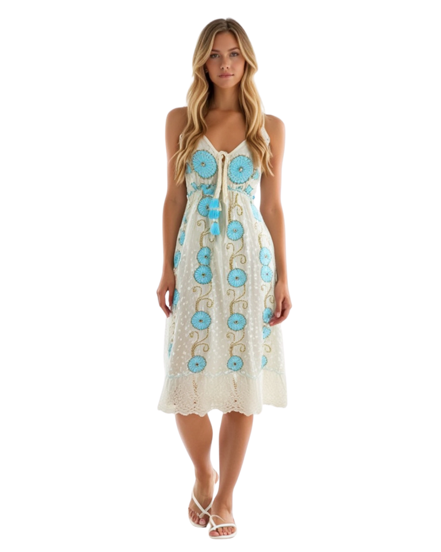 Boho-Maxi-Kleid mit Perlen und Spiegel| Weiß-Grün/Babyblau/Brown | Baumwolle | Ideal für Sommer, Strand & Festival