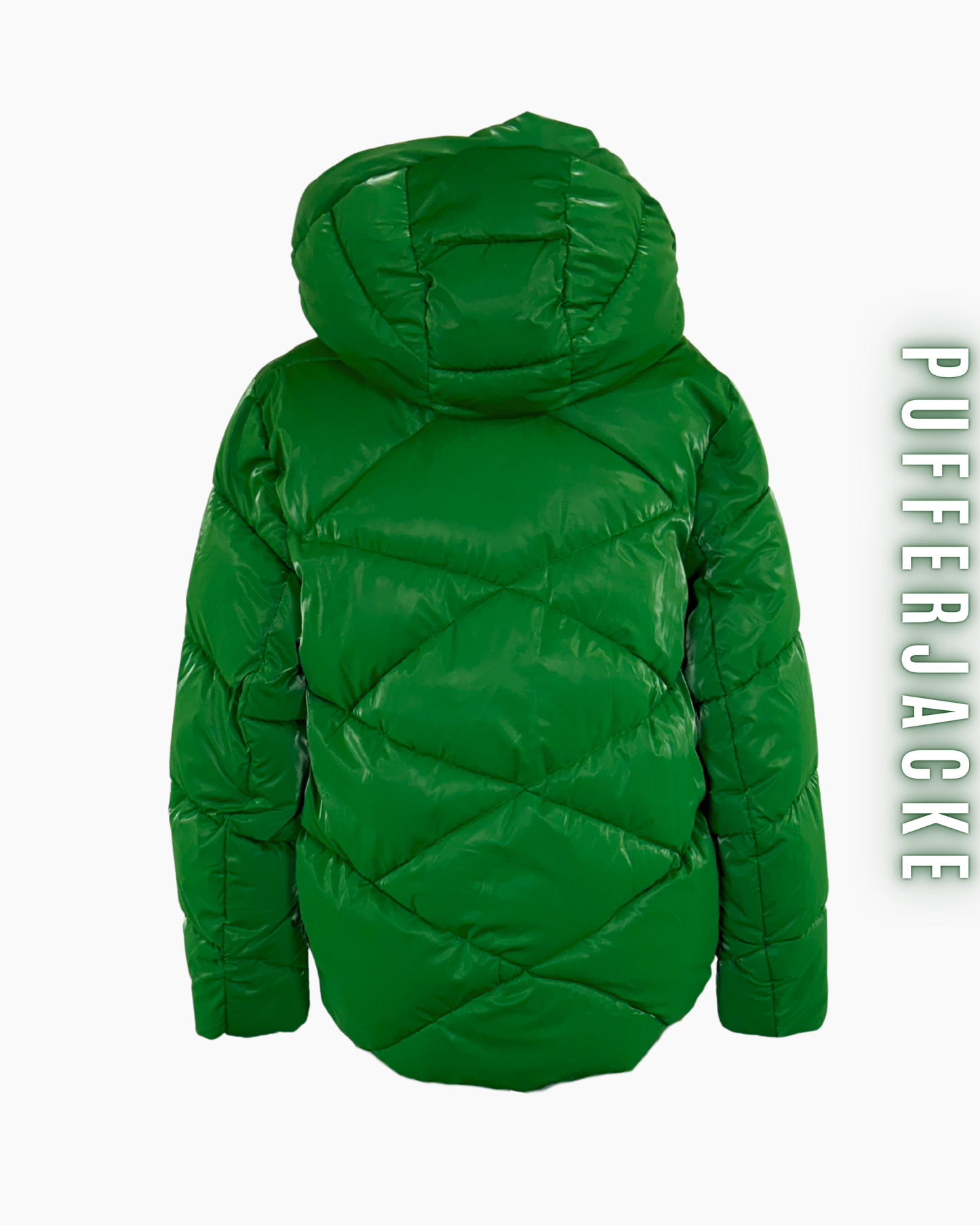 Grüne, glänzende Pufferjacke von hinten mit Chevron-Steppung und Kapuze