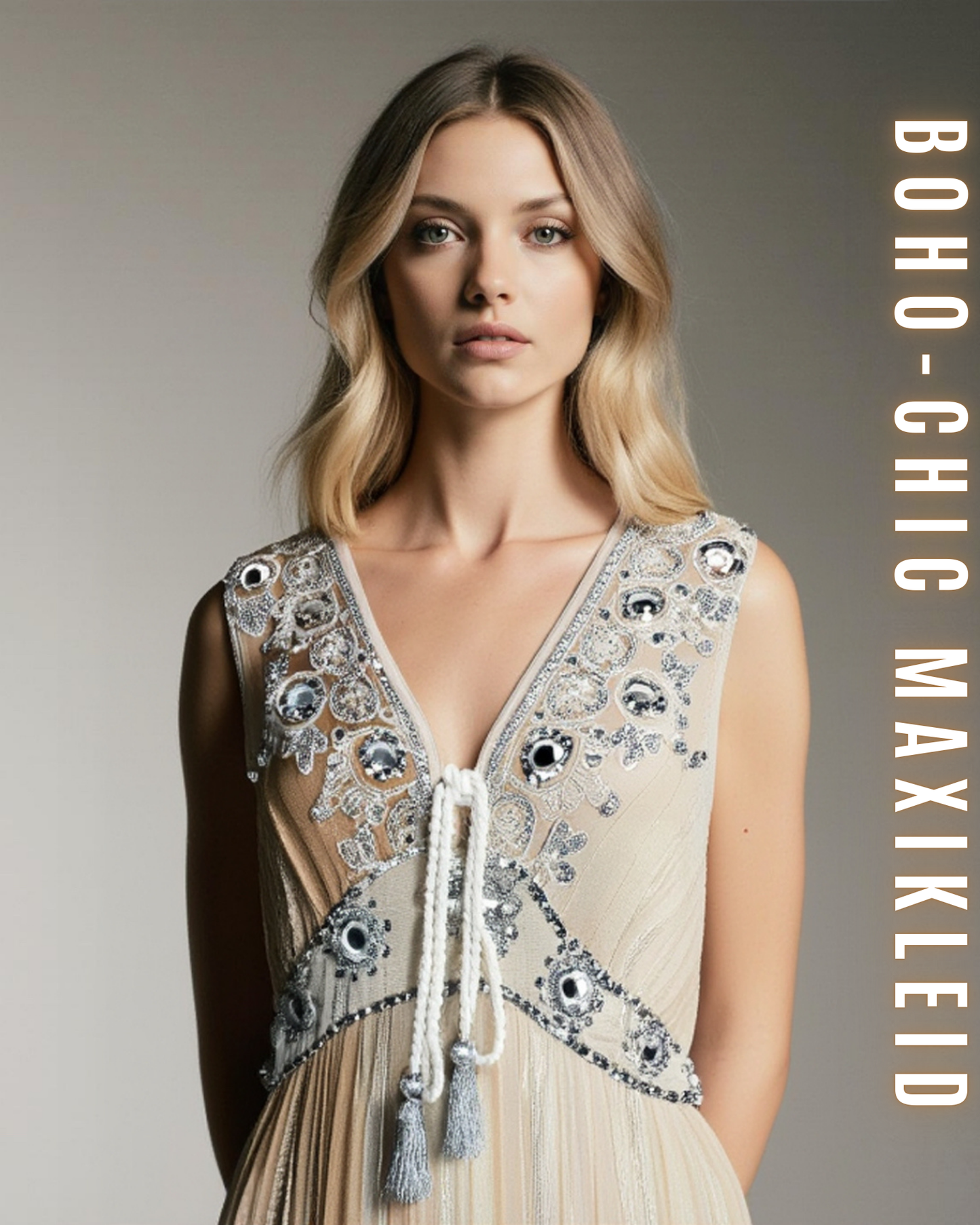 Boho Maxikleid – Perlen und Spiegel