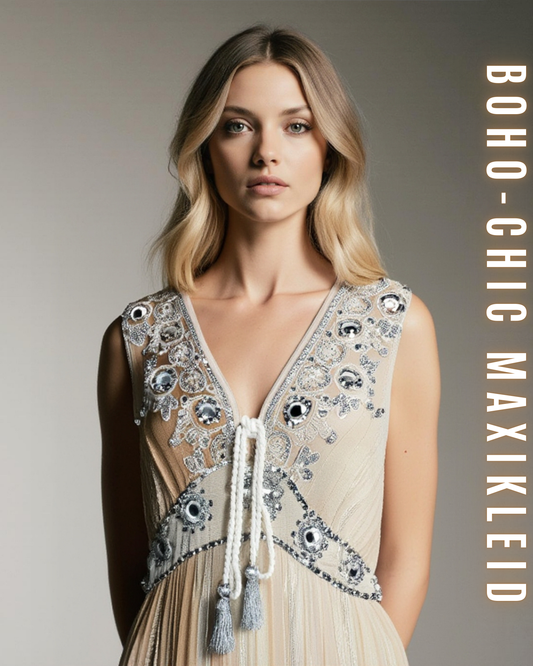 Boho Maxikleid – Perlen und Spiegel