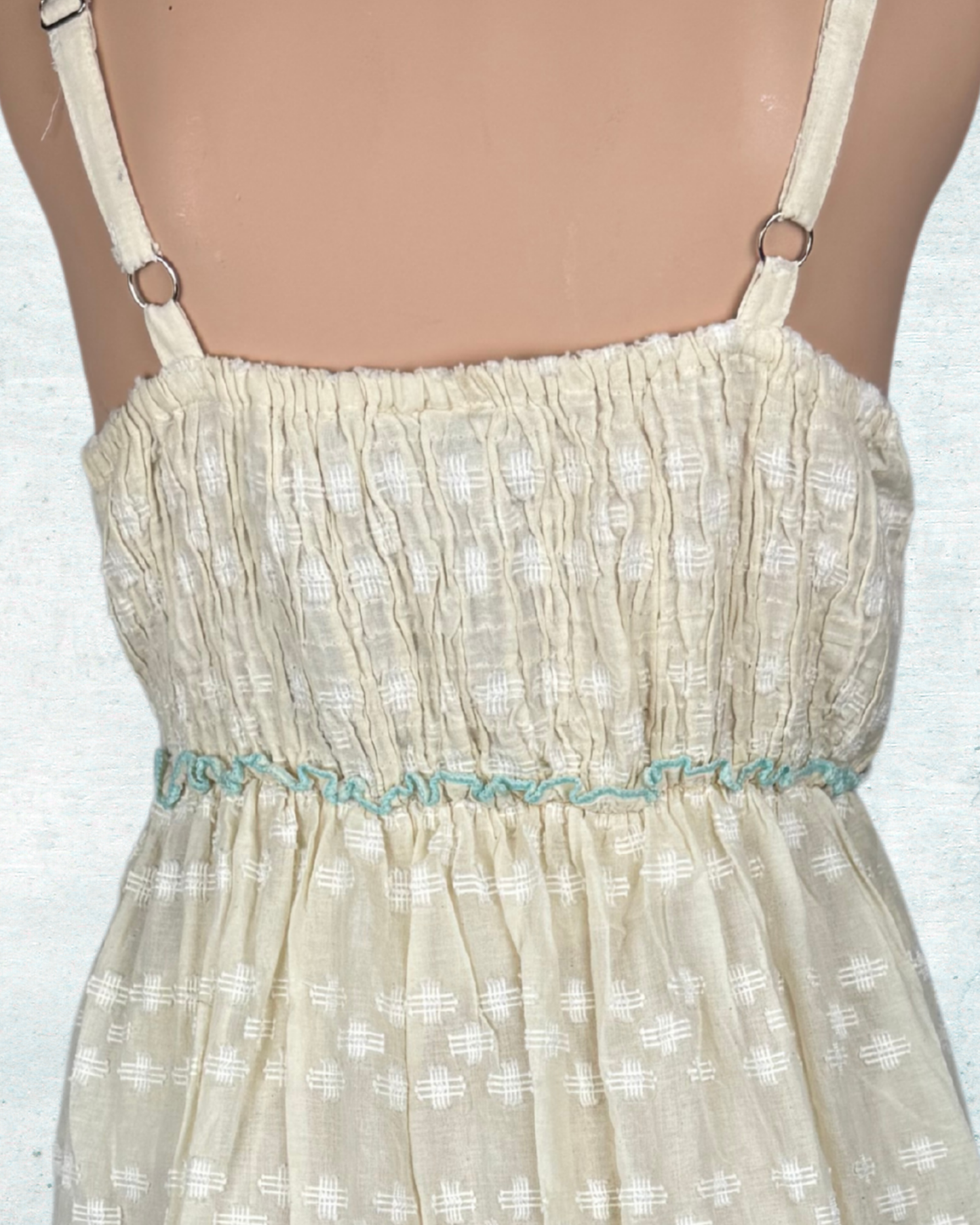 Boho-Maxi-Kleid mit Perlen und Spiegel| Weiß-Grün/Babyblau/Brown | Baumwolle | Ideal für Sommer, Strand & Festival