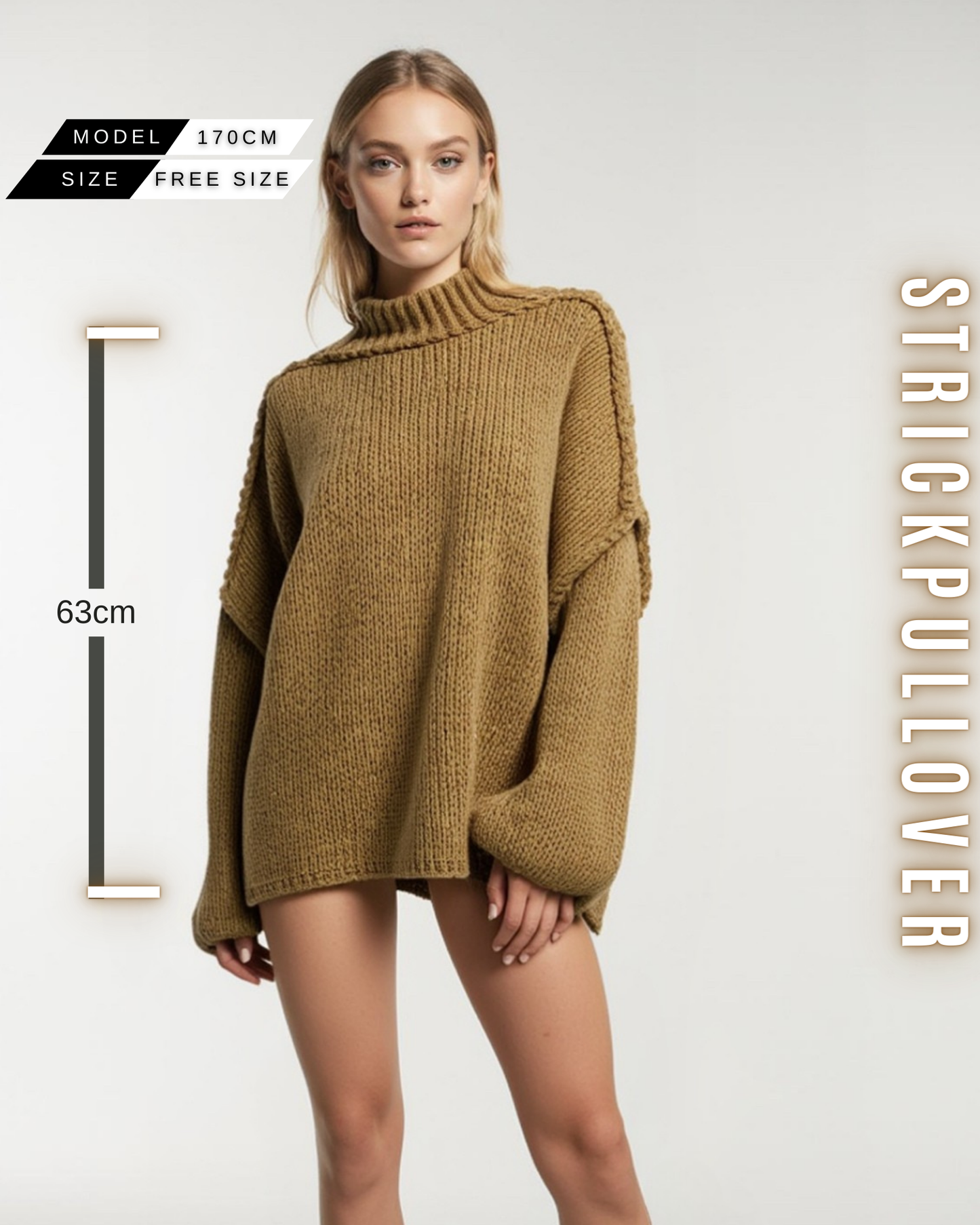 Eine Frau in einem kamellbraunen, grob gestrickten Pullover mit Stehkragen, weiten Ärmeln und mit Größe Information.