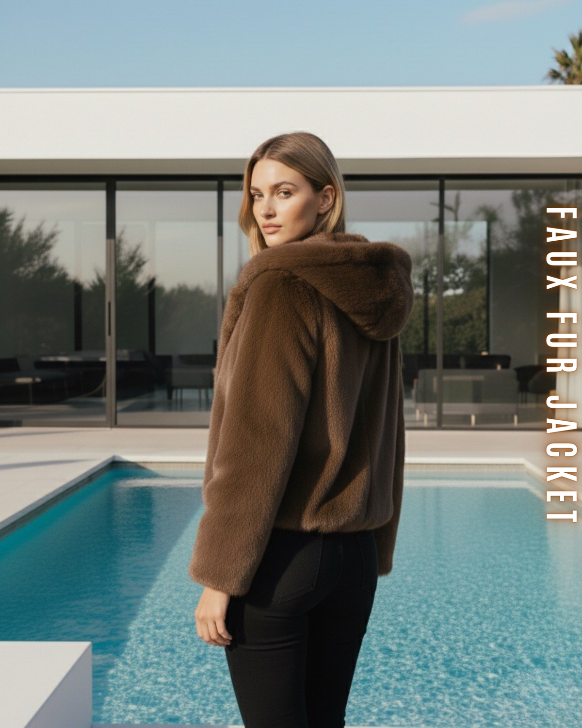 Rückenansicht einer Dame in einem braunen Toffee Faux Fur Kurzmantel mit Kapuze.