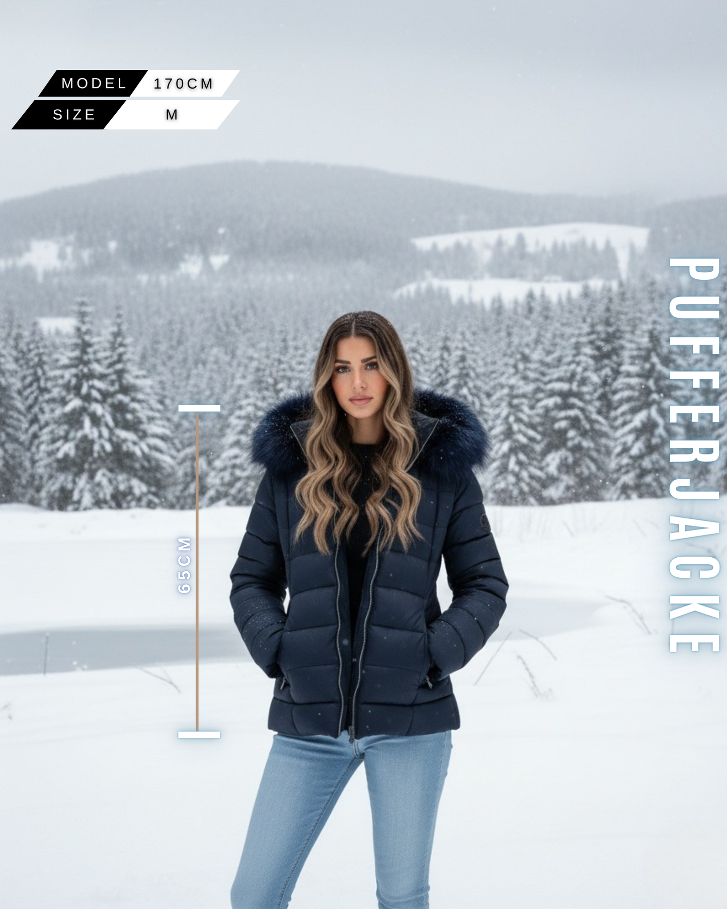 Kurze Damen Pufferjacke in dunkel blaue mit dunkel blaue Kunstfell-Kragen, Model 170cm, Jackenlänge 65cm