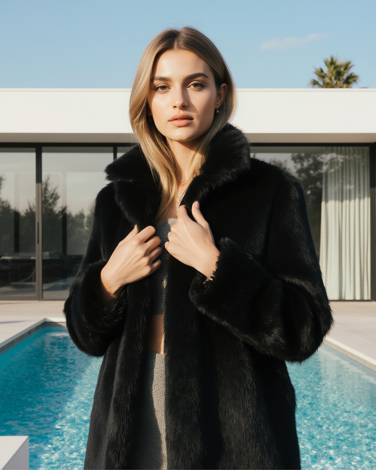 Dame trägt luxuriösen, Faux Fur Mantel in Schwarz. Eleganter Kragen.