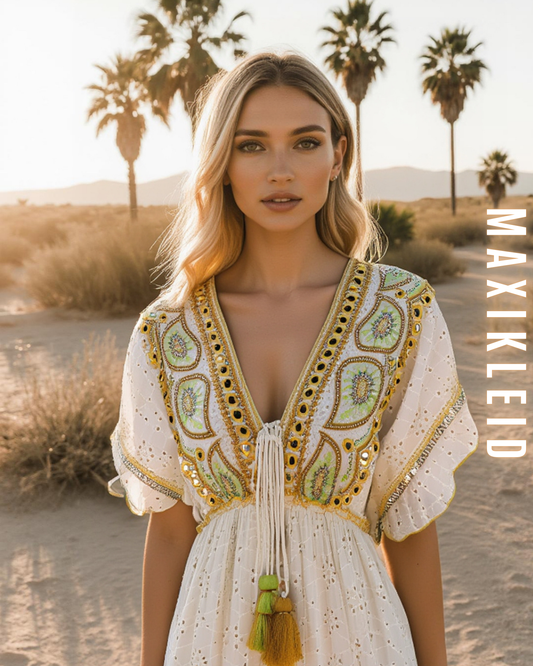 Frau trägt ein besticktes Damen Boho Maxikleid in Weiß mit grünen Akzenten und Spiegel-Details, Nahaufnahme im Sommerlook mit Palmen im Hintergrund.