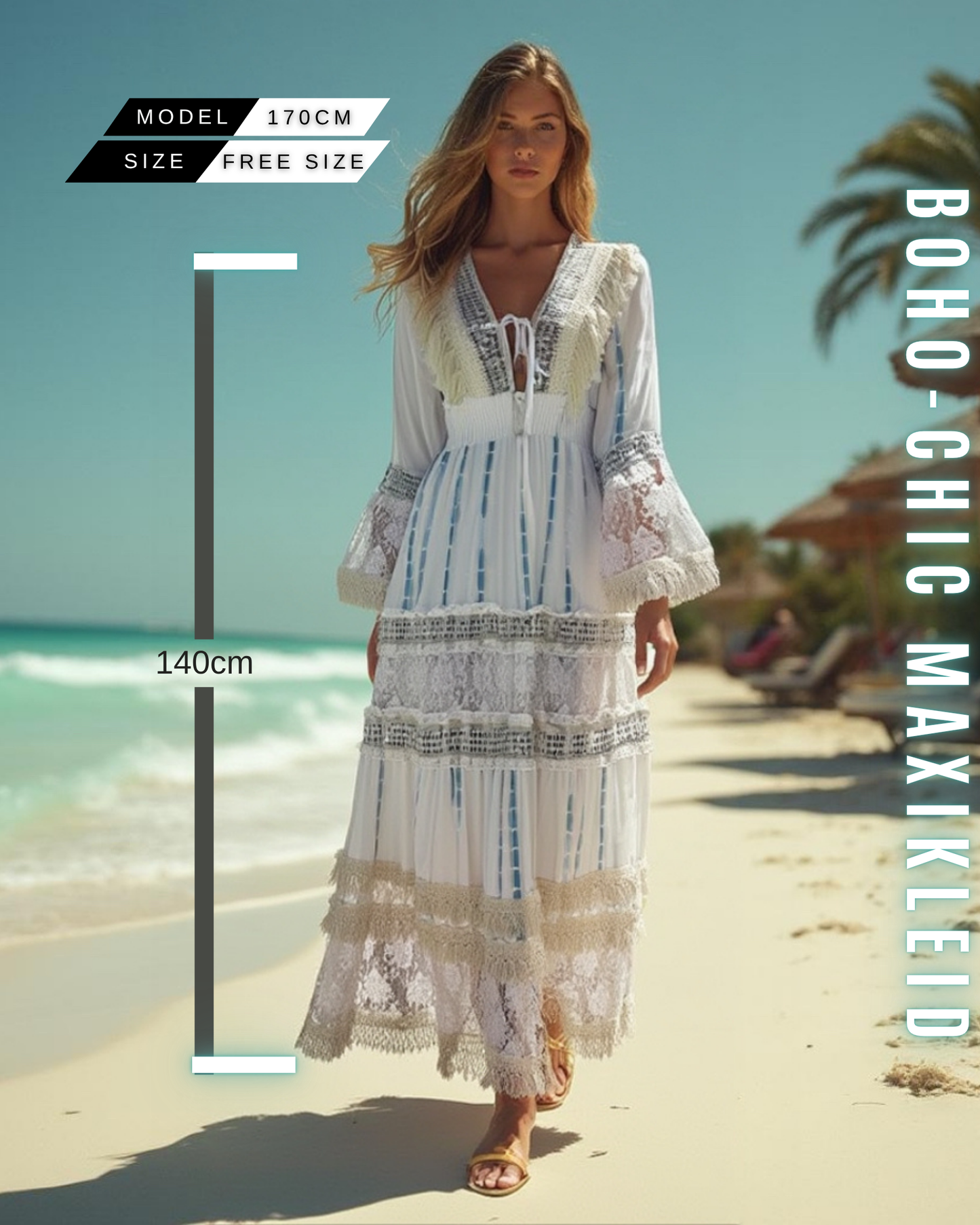 Boho-Chic Maxikleid für Damen mit Spitze & Fransen | 100% Viskose | Perfekt für Sommer und Veranstaltungen.