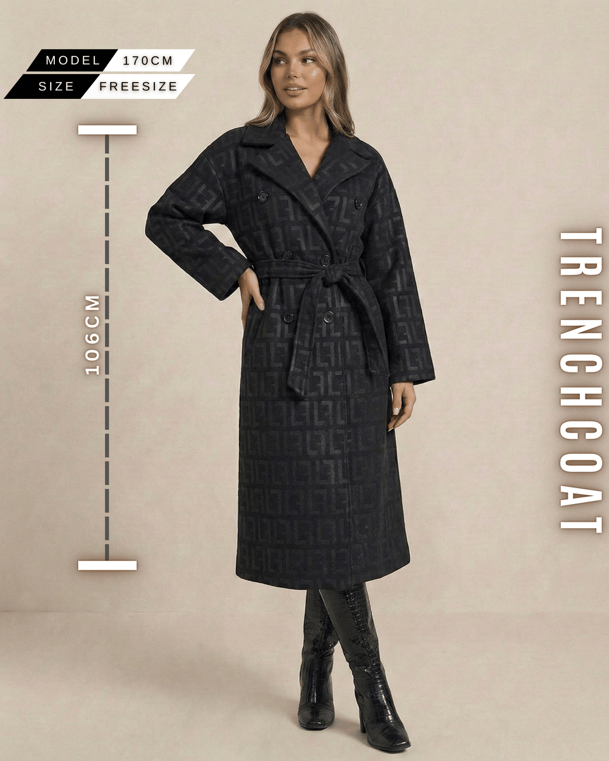 Ganzkörperansicht des schwarzen Trenchcoats mit Maßen (106 cm Länge) und Model-Info (170 cm).