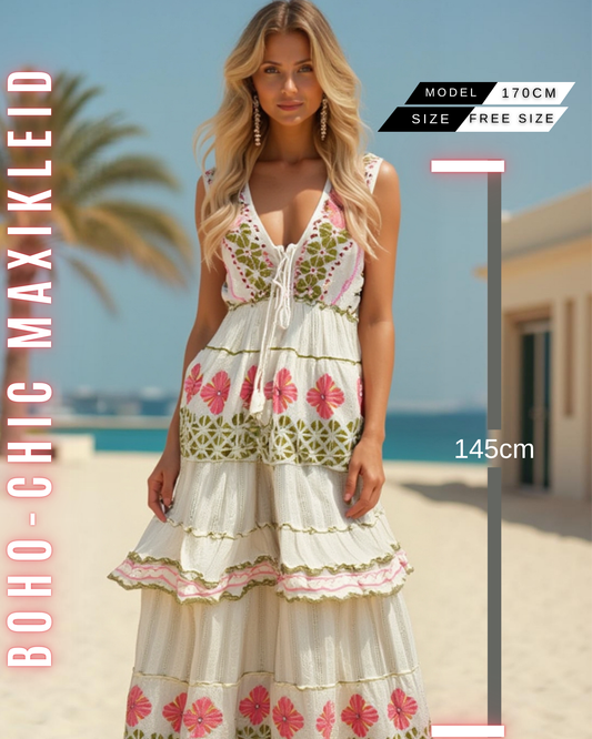 ELEXUA | Damen-Boho-Maxikleid mit Blumenmuster – Rosa/Orange/Gold
