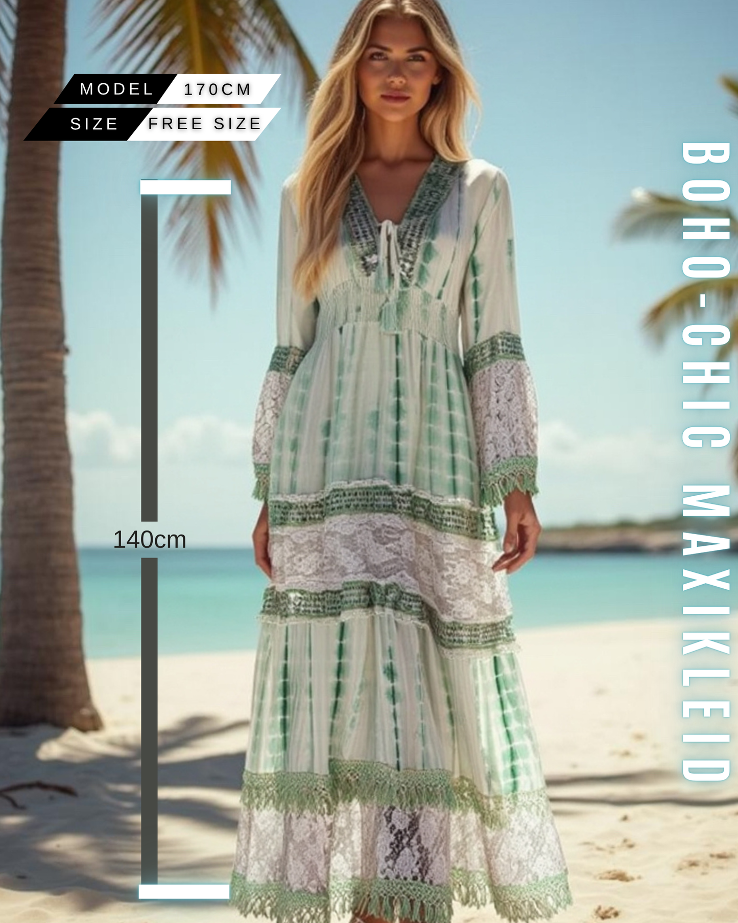 Boho-Chic Maxikleid für Damen – Batik & Spitze | 100% Viskose | Free Size | Bequem & Fließend