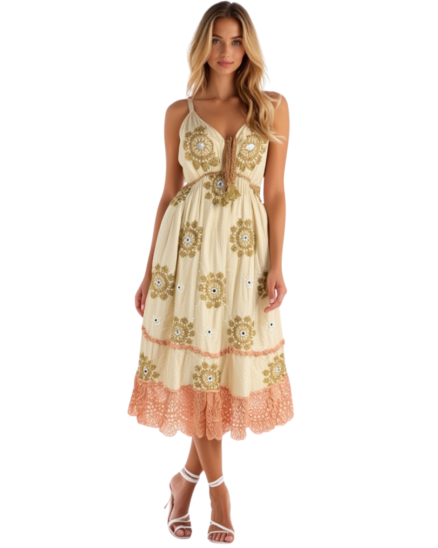 Boho-Maxi-Kleid mit Perlen und Spiegel