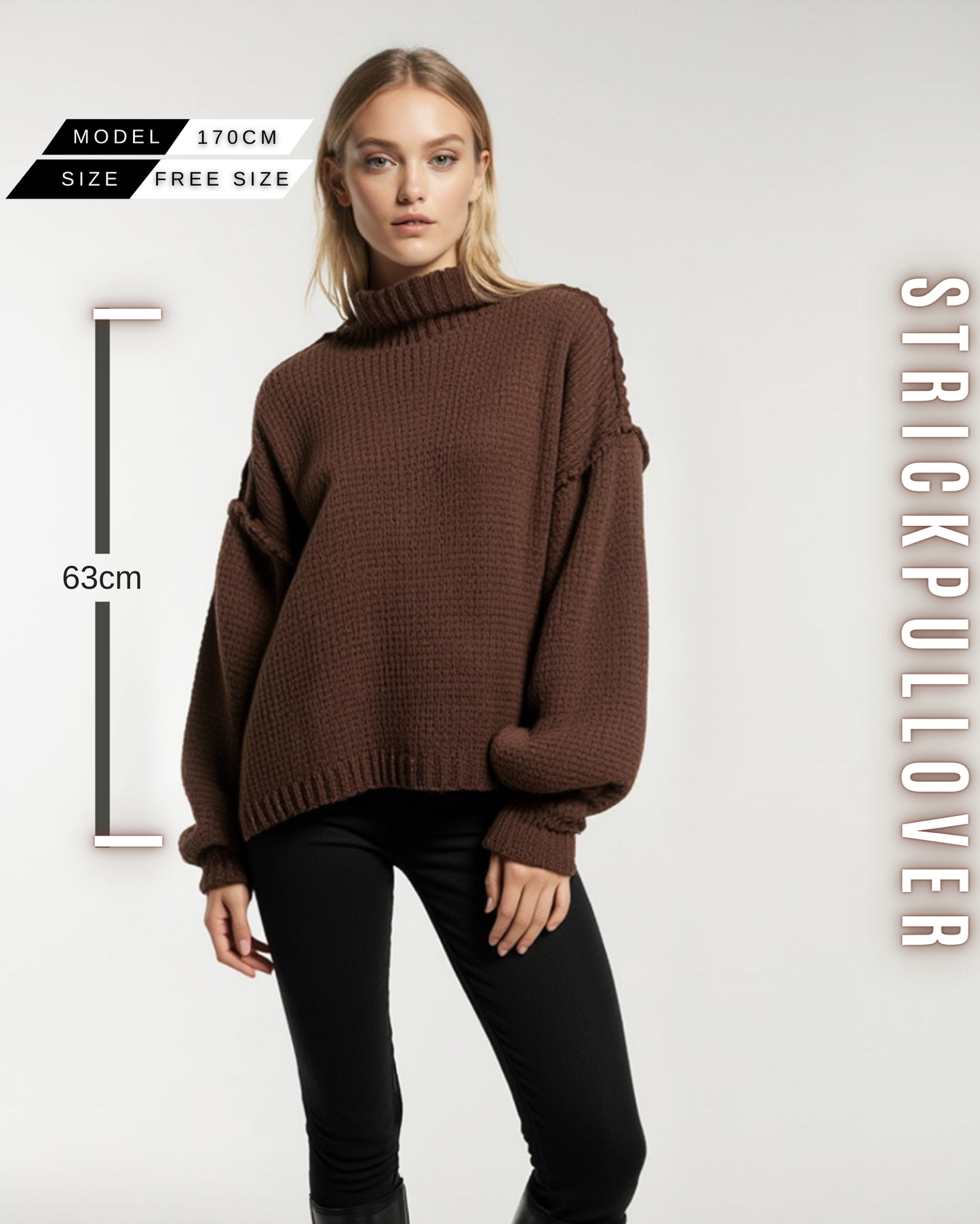 Eine Frau in einem kastanienbrauen, grob gestrickten Pullover mit Stehkragen, weiten Ärmeln und mit Größe Information.