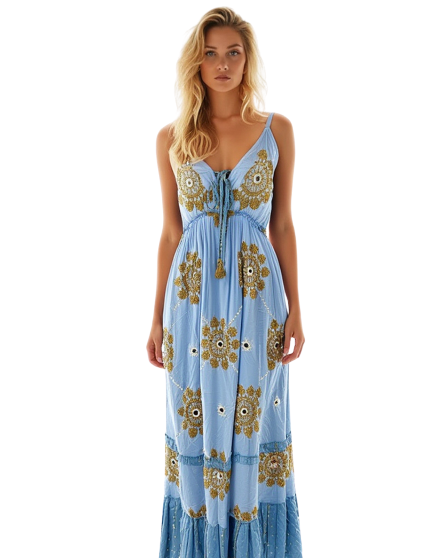 Boho-Maxi-Kleid mit Perlen und Spiegel