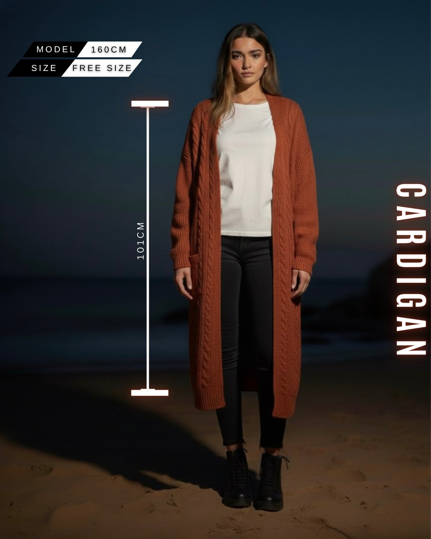 Langer Zopfstrick Cardigan mit Kapuze