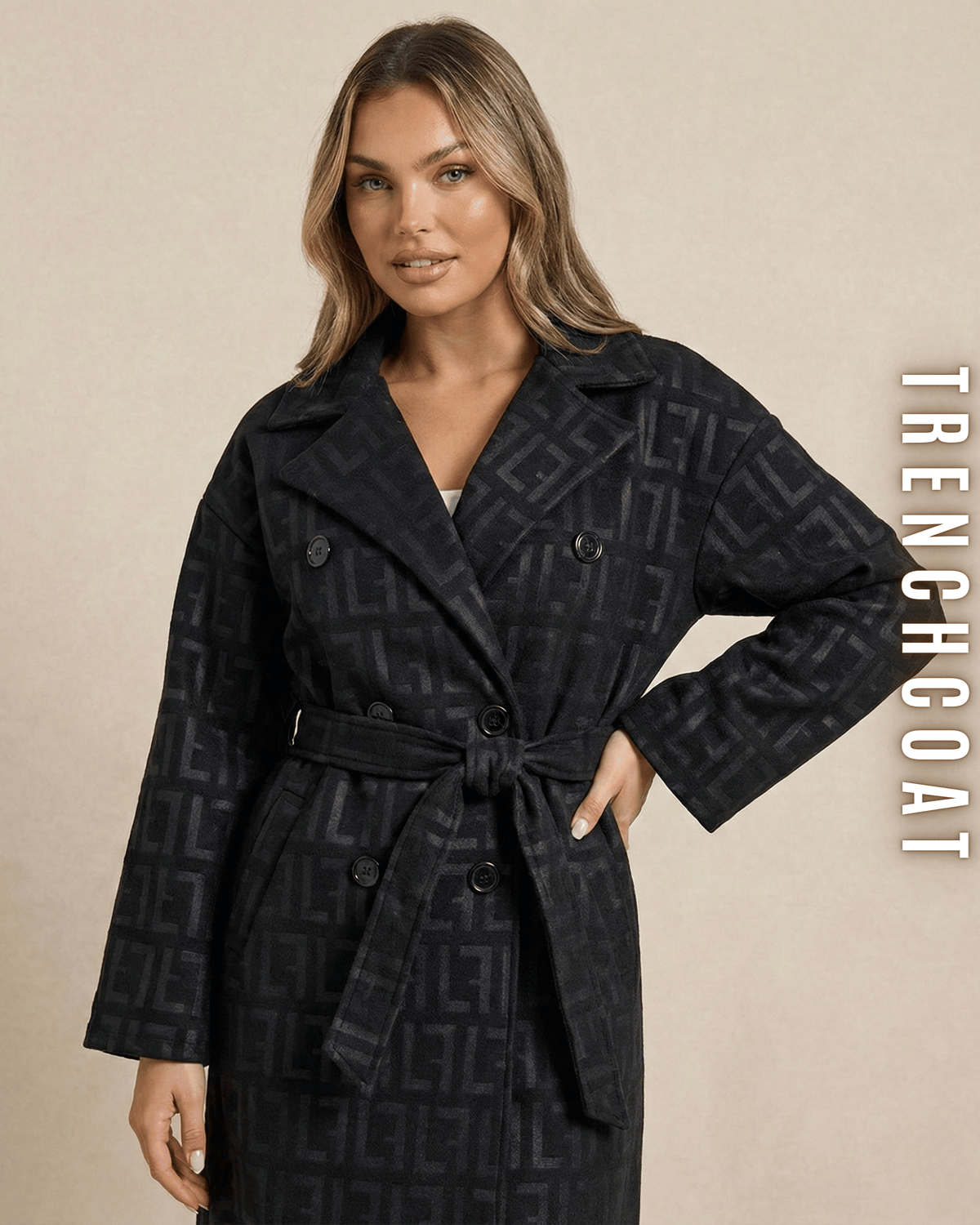 Frontansicht einer Dame in einem schwarzen Monogramm Trenchcoat mit Taillengürtel.