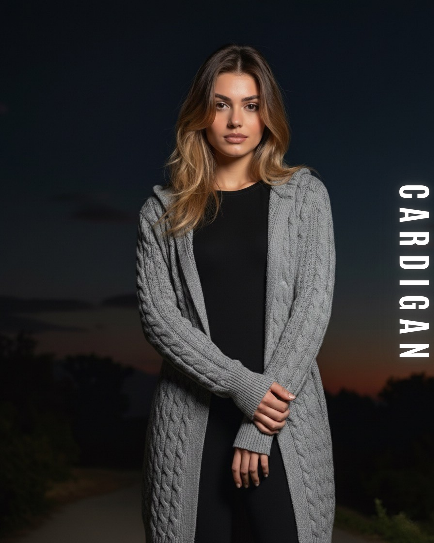 Langer Zopfstrick Cardigan mit Kapuze