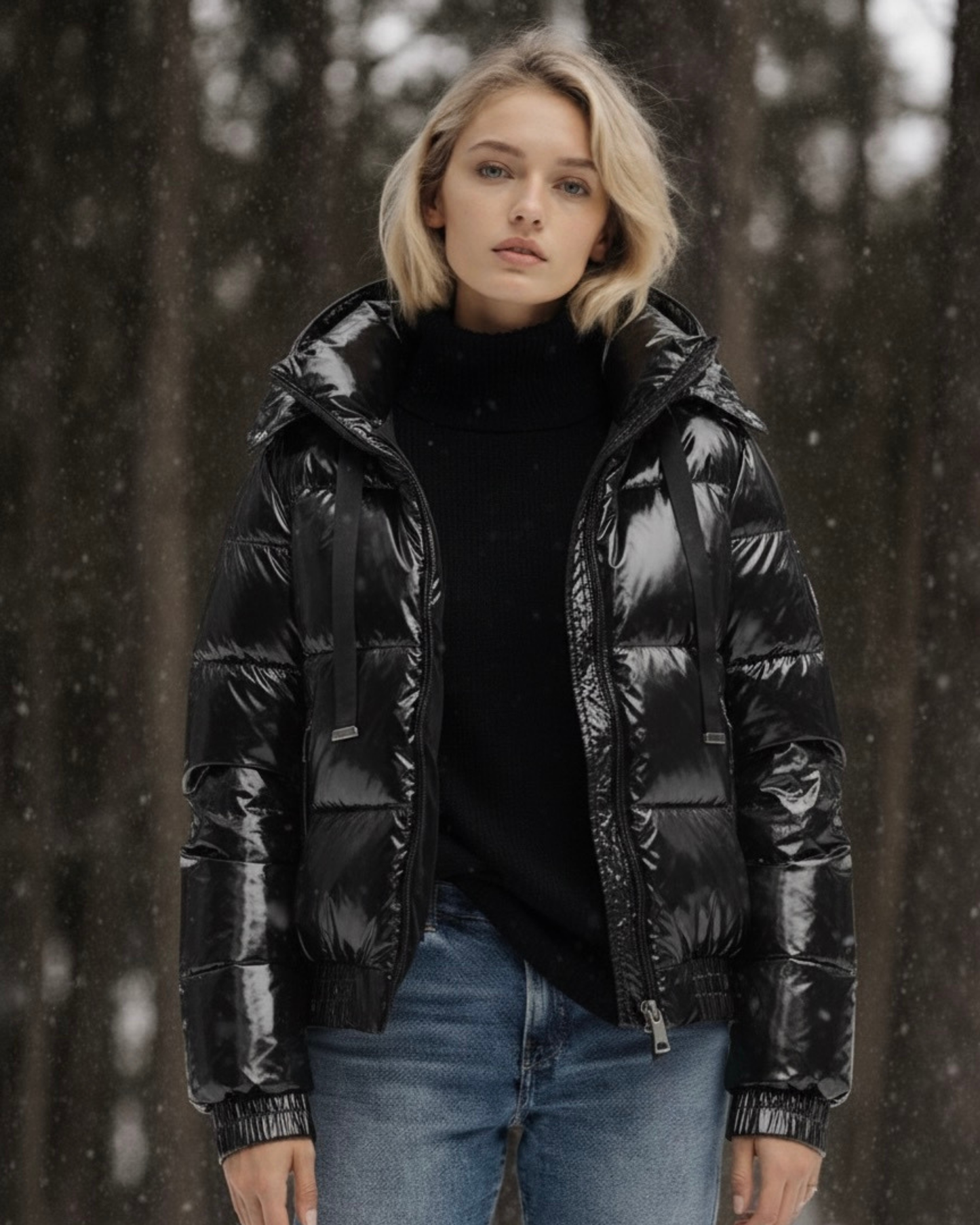 Kurze, glänzende Pufferjacke Damen in Schwarz, Wet-Look.