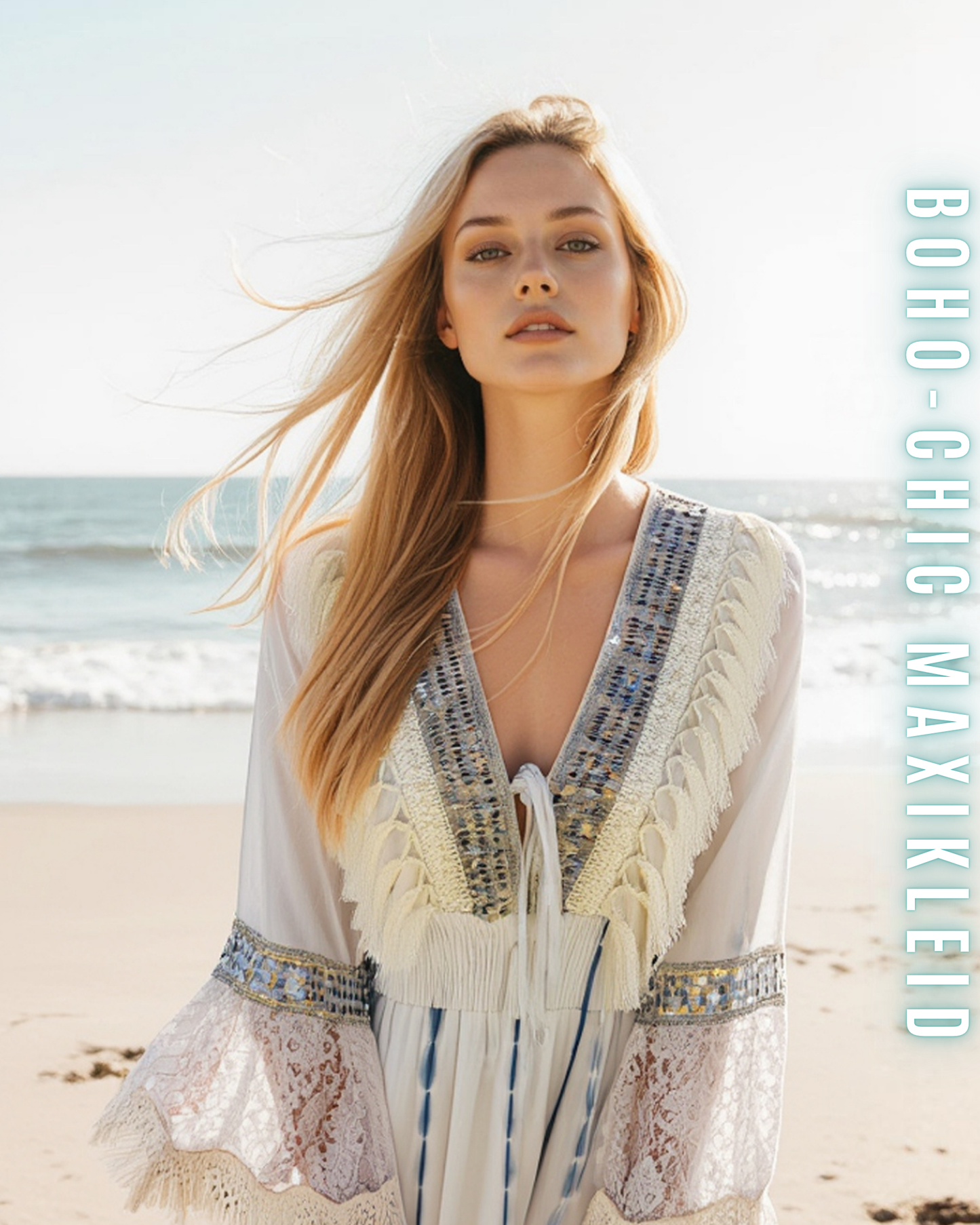 Boho-Chic Maxikleid für Damen mit Spitze & Fransen | 100% Viskose | Perfekt für Sommer und Veranstaltungen.