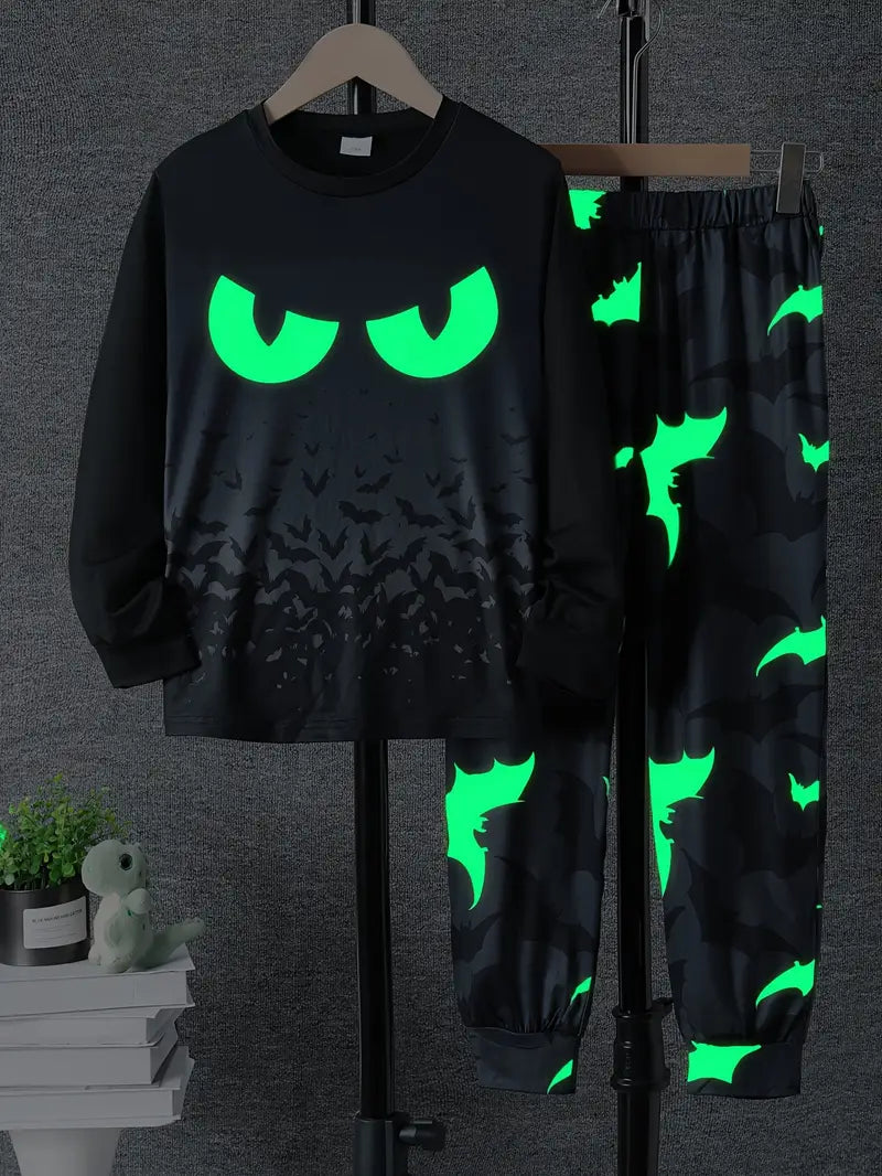 Jungen Halloween Set leuchtendes Fledermaus T-Shirt und Jogginghose