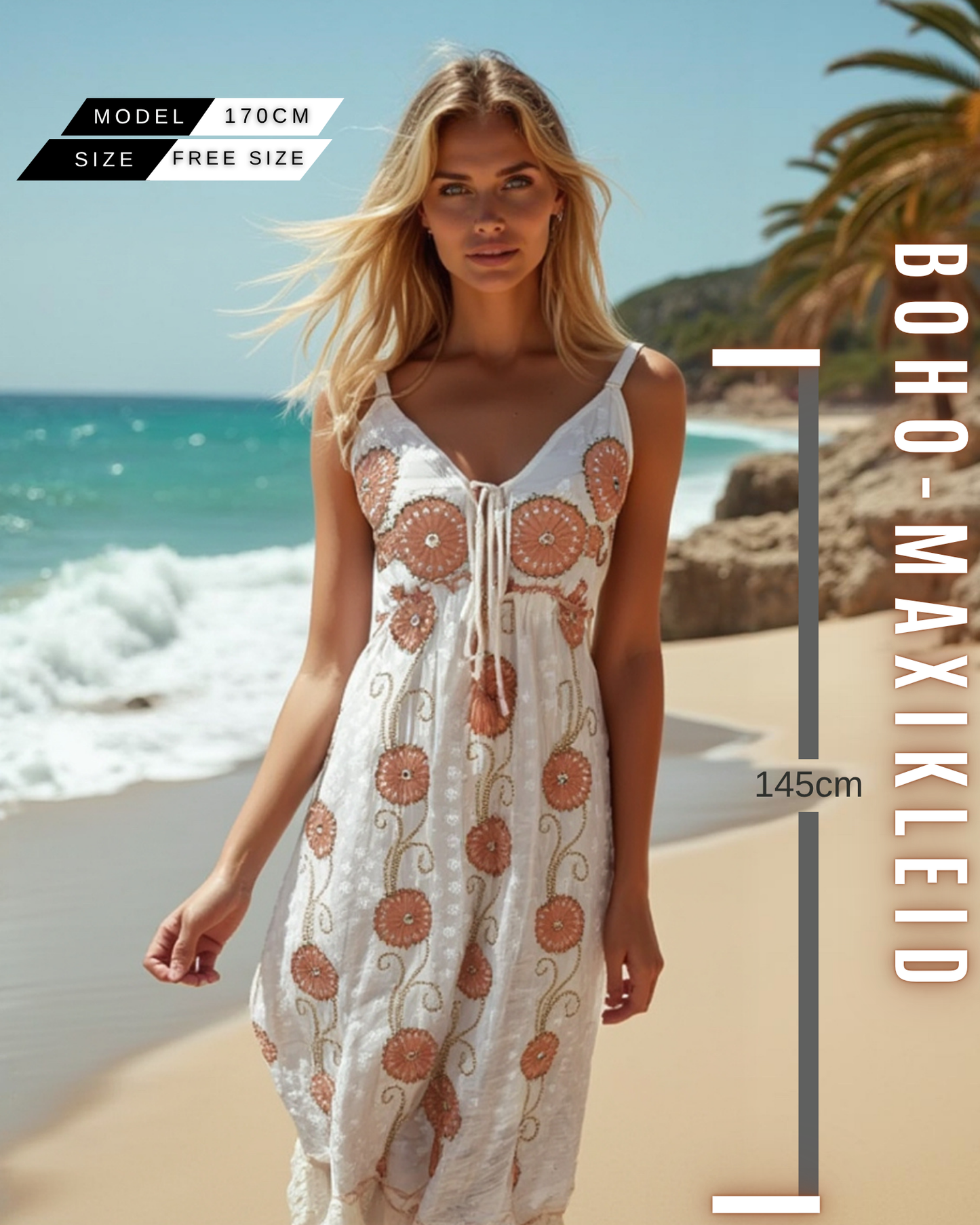 Boho-Maxi-Kleid mit Perlen und Spiegel| Weiß-Grün/Babyblau/Brown | Baumwolle | Ideal für Sommer, Strand & Festival