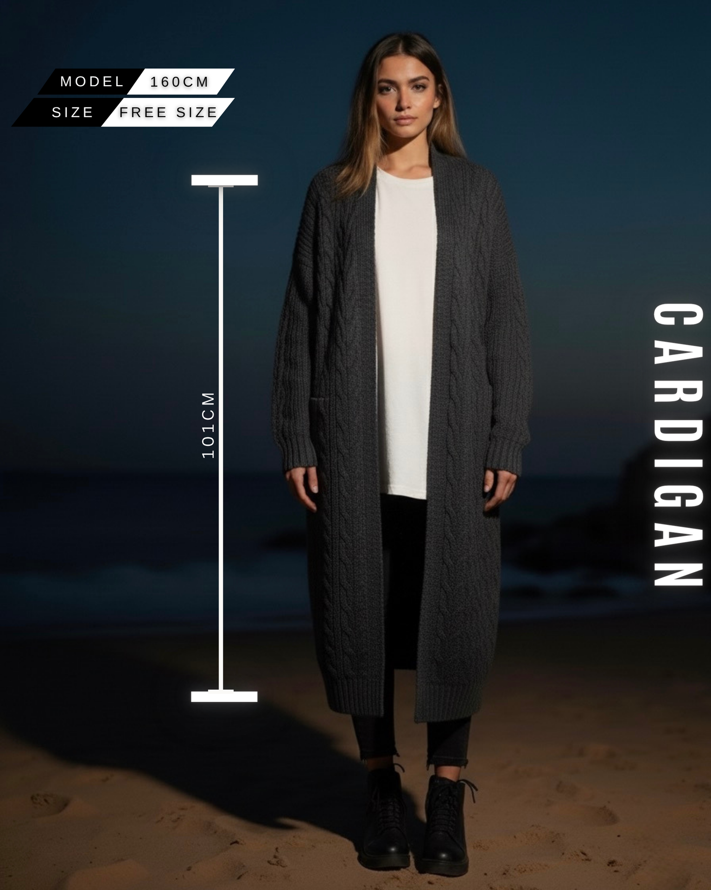 Langer Zopfstrick Cardigan mit Kapuze