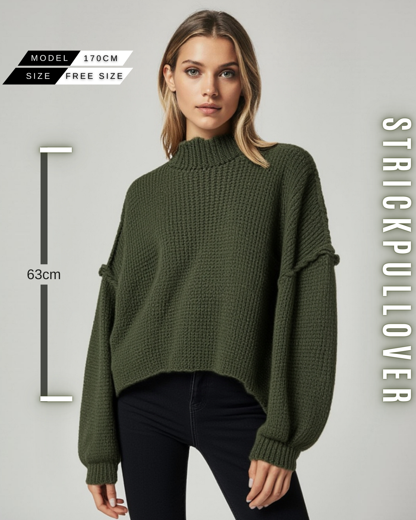 Eine Frau in einem tannengrünen, grob gestrickten Pullover mit Stehkragen, weiten Ärmeln und mit Größe Information.