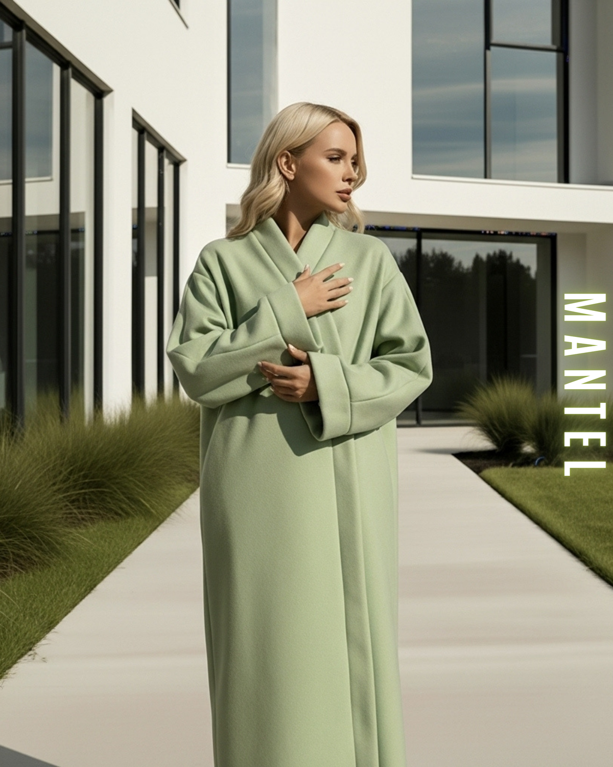 Langer, Mintgrün Wollmantel im Wickel-Look, moderne Architektur im Hintergrund