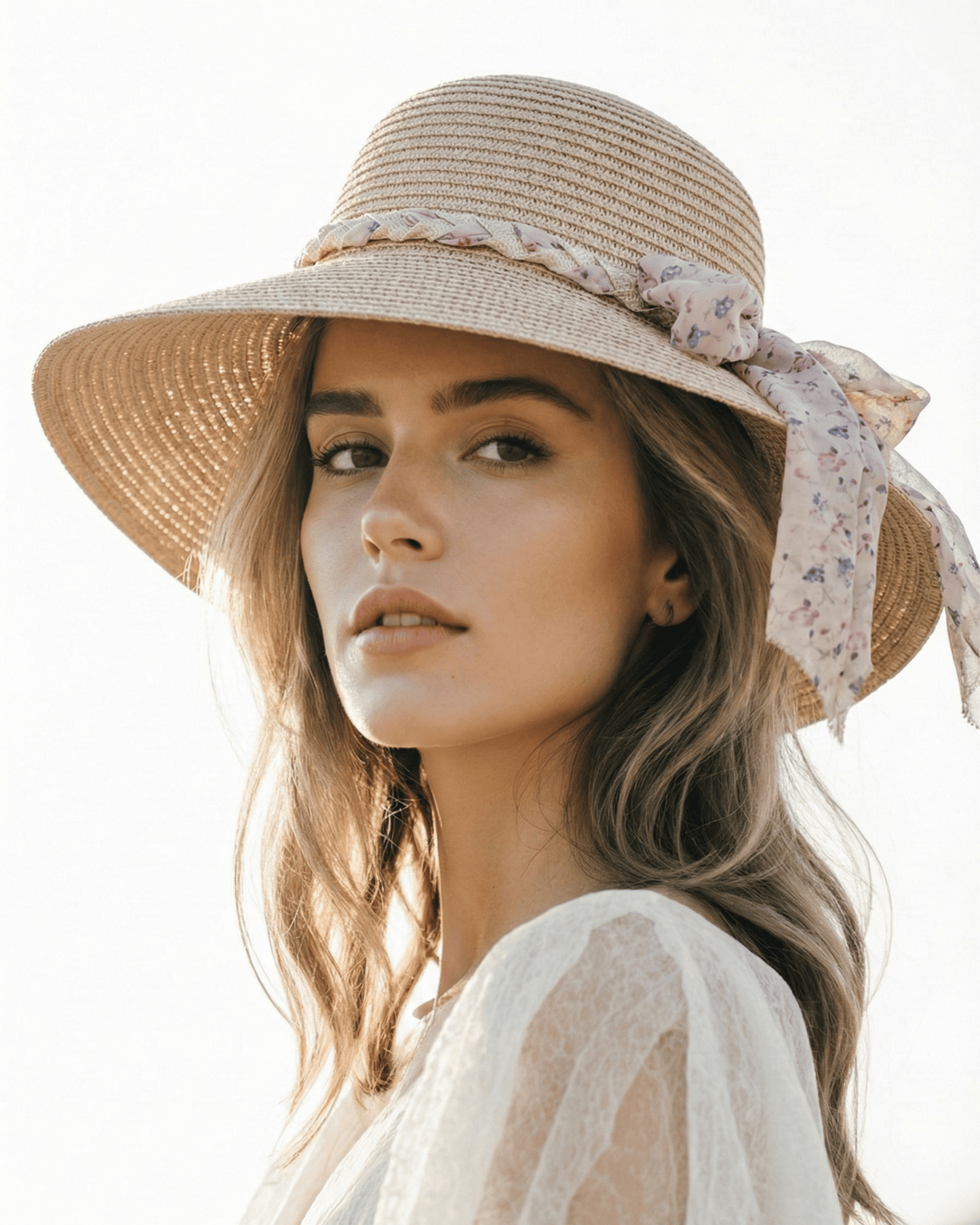 Vorderansicht eines hellen Fedora-Huts aus Papierstroh mit braunem Hutband auf weißem Hintergrund.