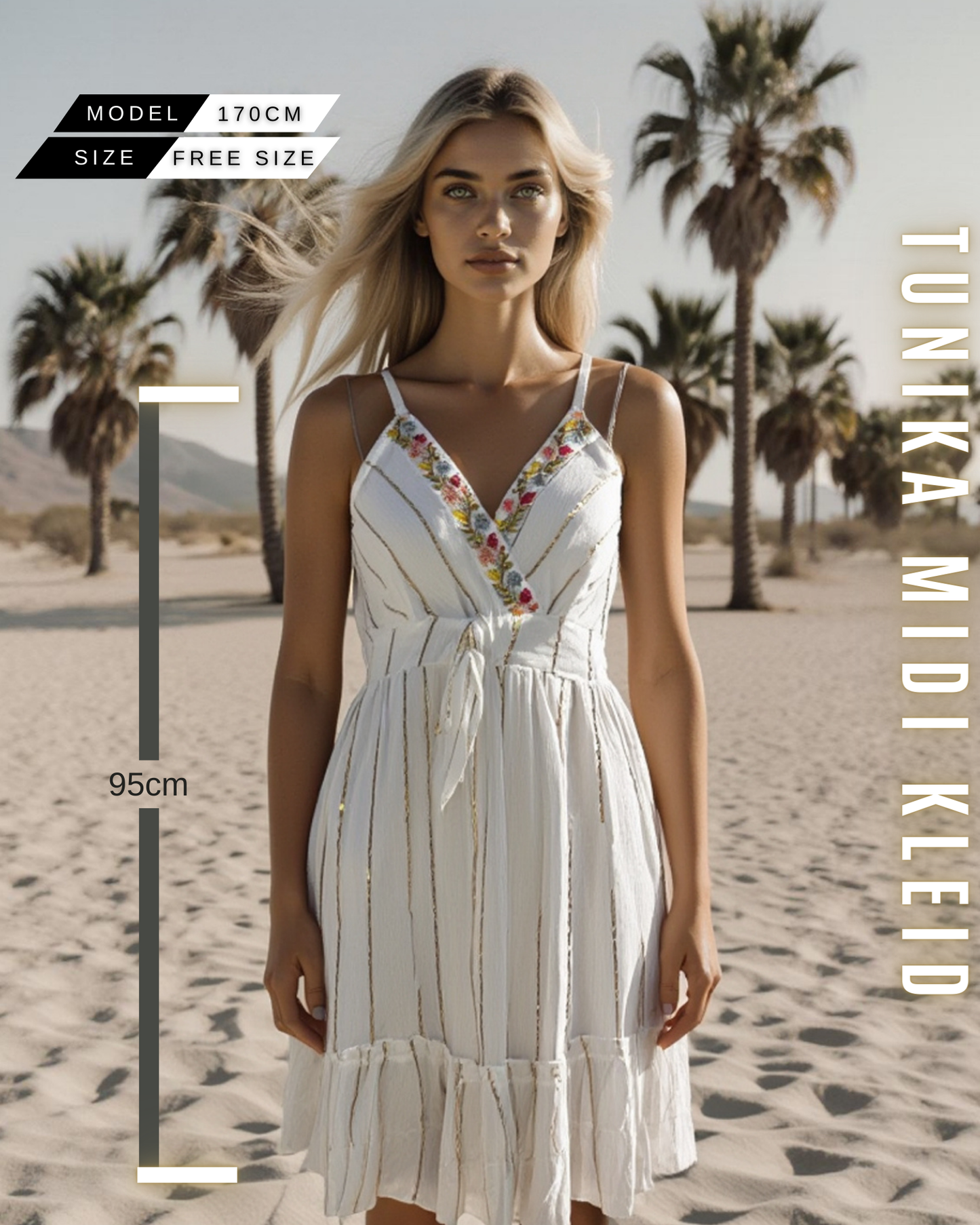 Boho Tunika Midikleid mit Blumen-Stickereien