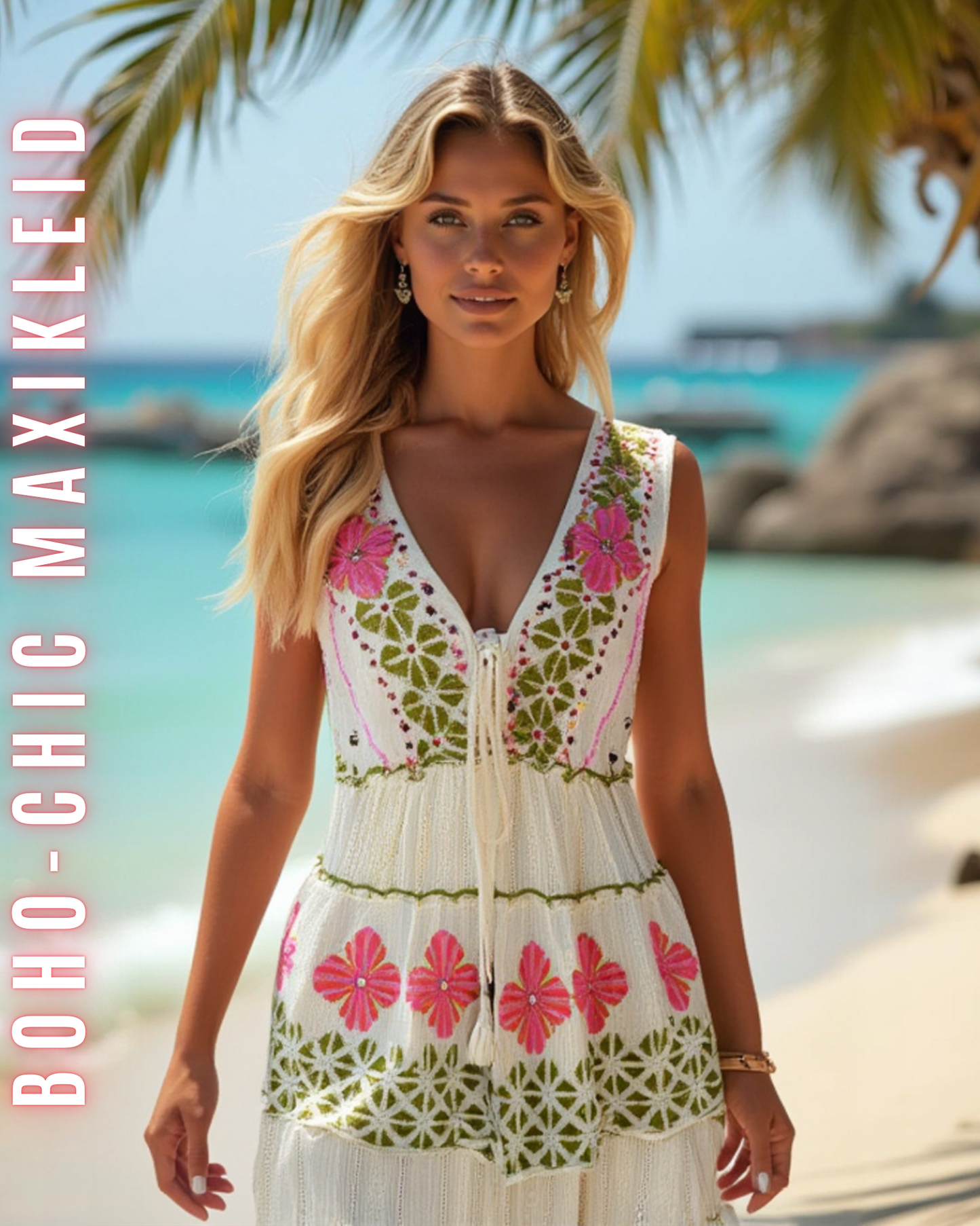ELEXUA | Damen-Boho-Maxikleid mit Blumenmuster – Rosa/Orange/Gold