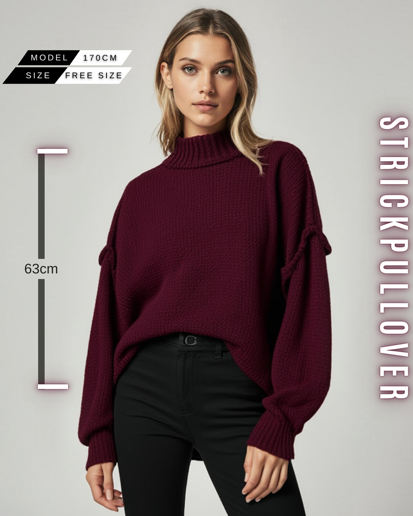 Eine Frau in einem burgunderroten, grob gestrickten Pullover mit Stehkragen, weiten Ärmeln und mit Größe Information.