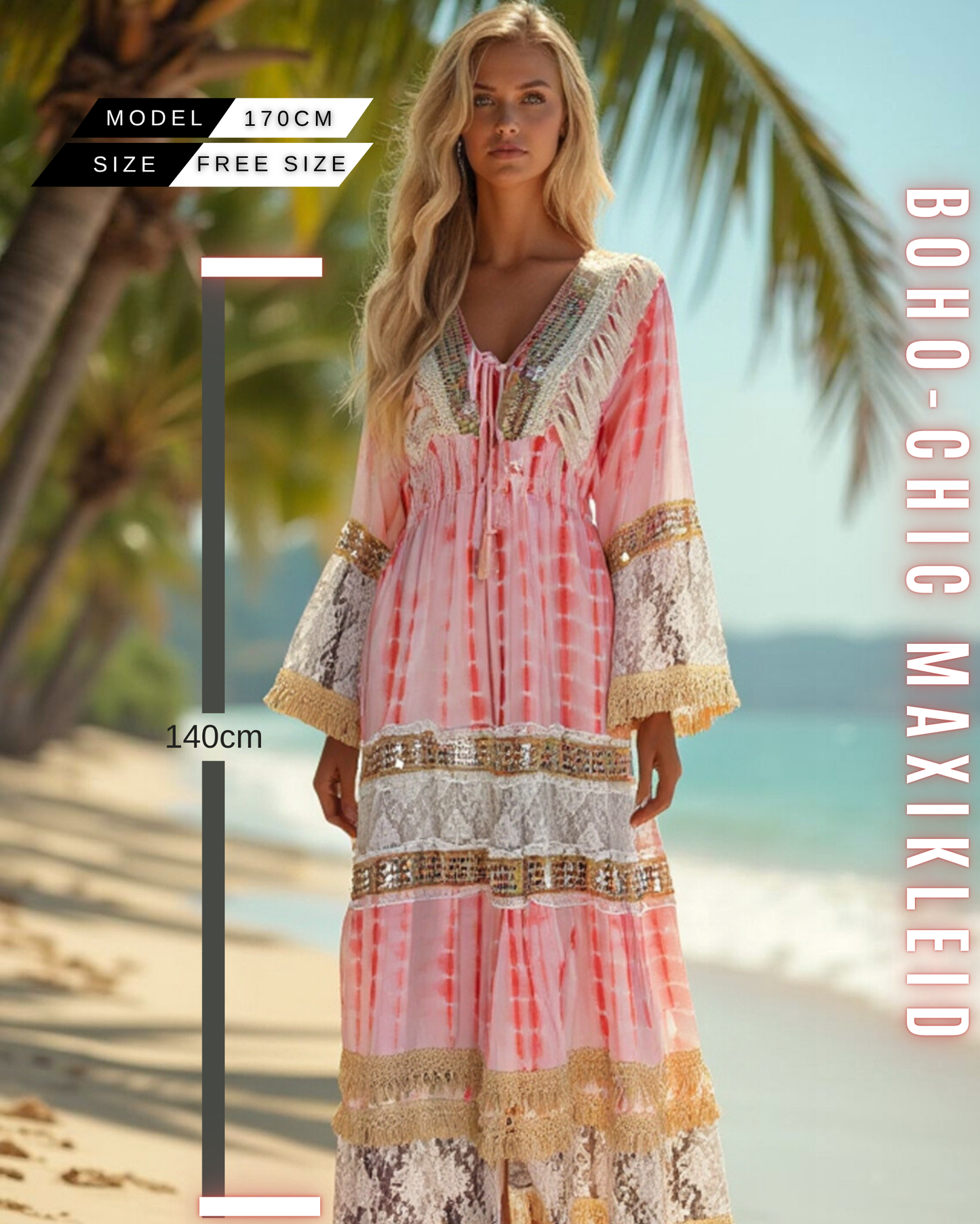Boho-Chic Maxikleid für Damen mit Spitze & Fransen | 100% Viskose | Perfekt für Sommer und Veranstaltungen.