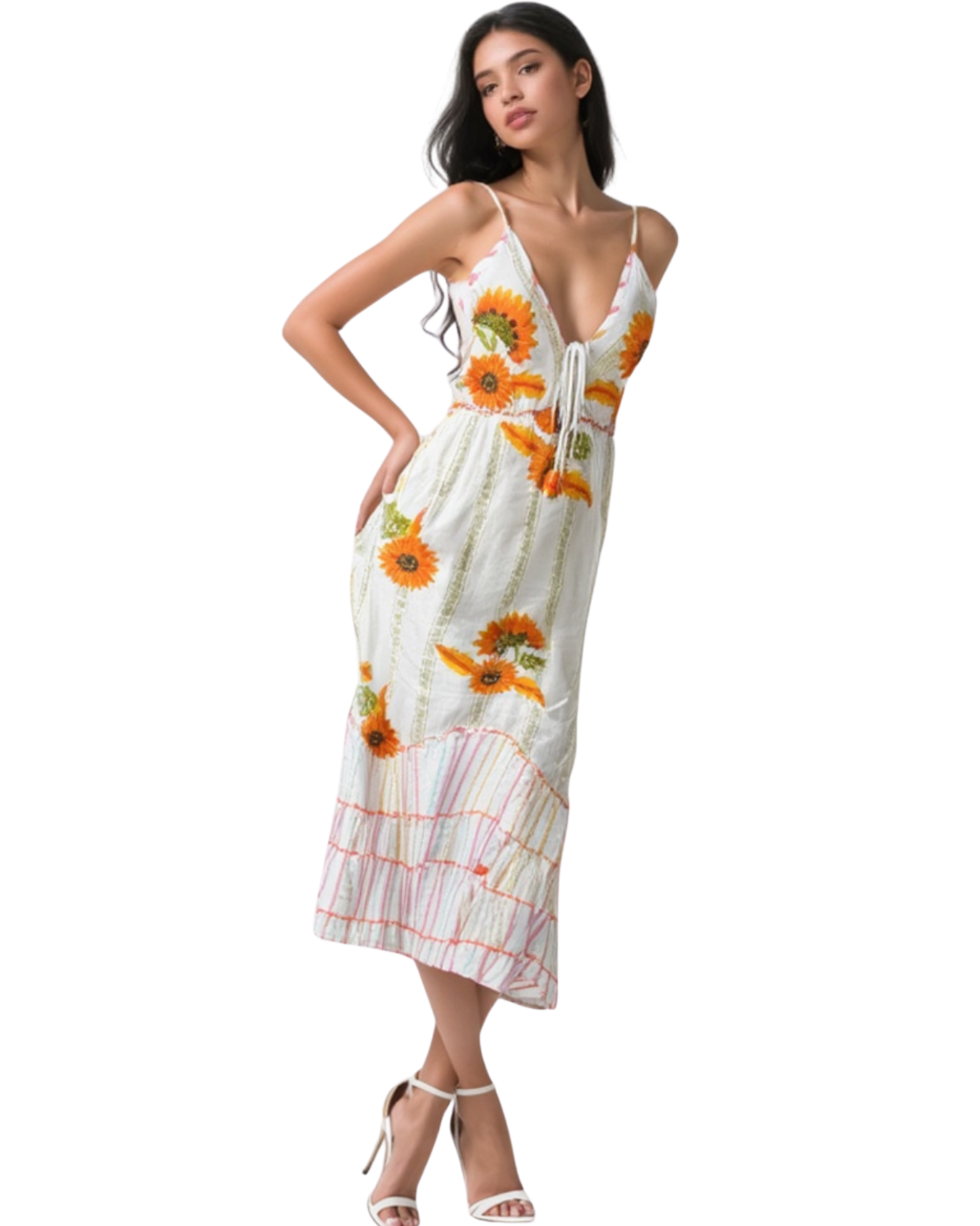 Boho-Chic Maxikleid – Ärmellos & Blumenmuster| Orange-Rosa | Viskose | Ideal für Sommer, Strand & Festival