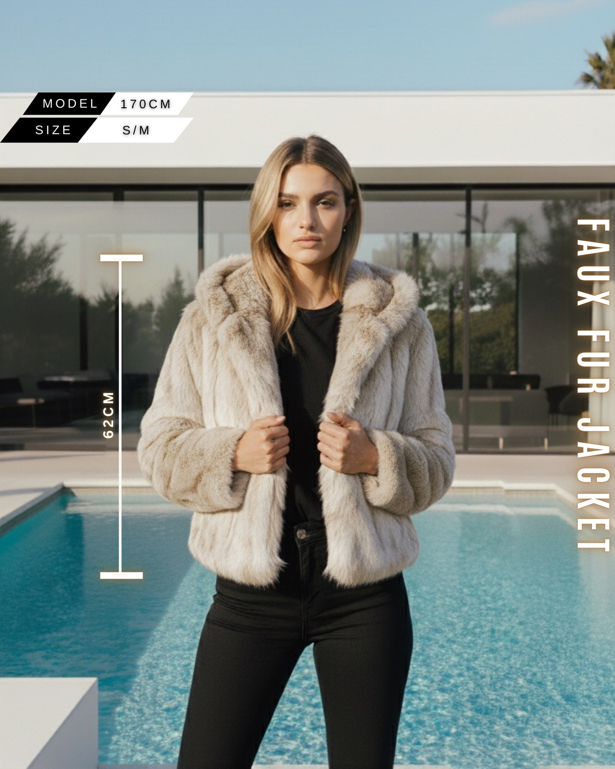 Frontansicht einer Dame in einem beigefarbenen/hellen Faux Fur Kurzmantel mit Kapuze. Größeninformation eingeblendet: Model 170cm, Jackenlänge 62cm.