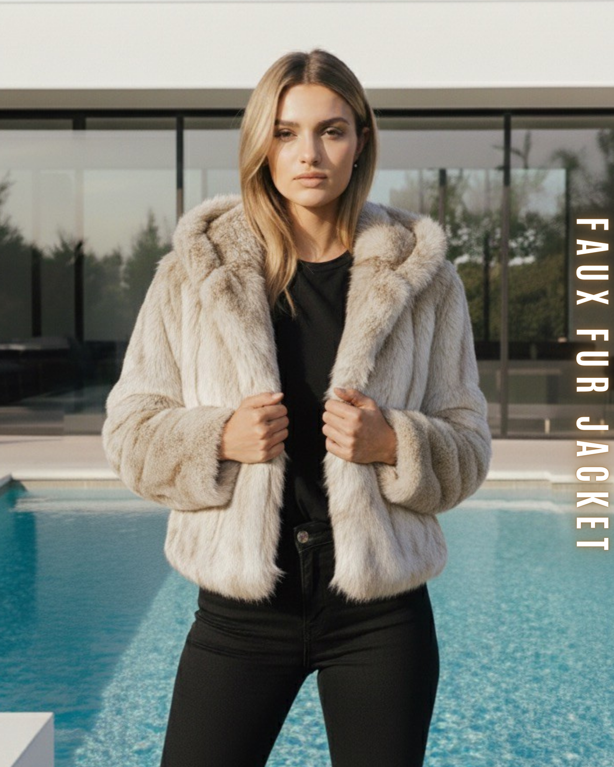Frontansicht einer Dame in einem beigefarbenen/hellen Faux Fur Kurzmantel mit Kapuze.