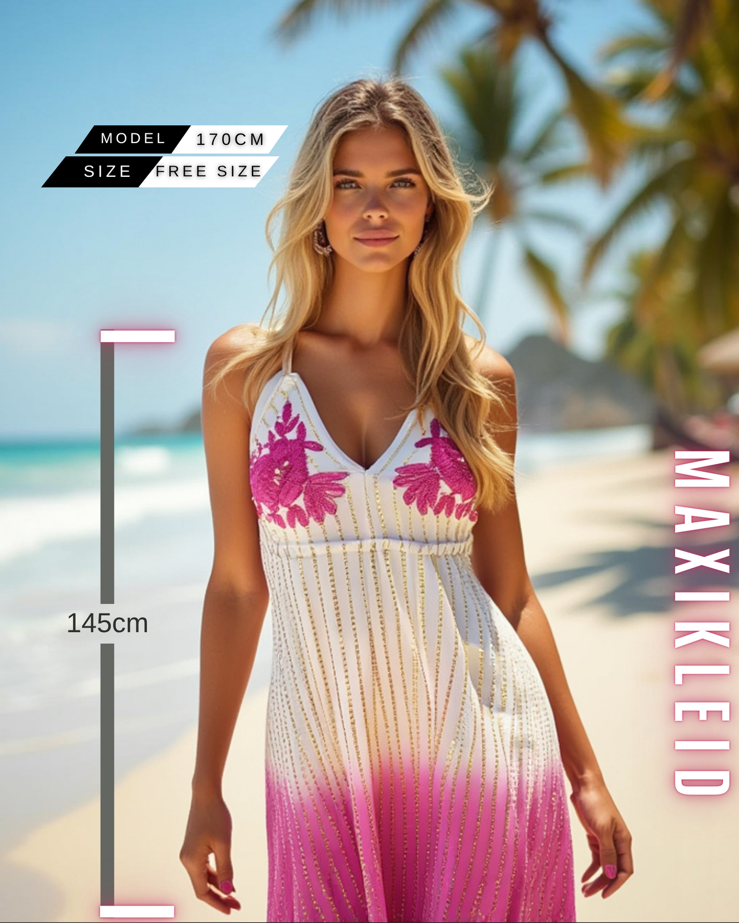 Maxikleid Sommer mit Paillettenstickerei – Sommerlich & Elegant | 100% Viskose | Einheitsgröße Gr. 38 bis 44 (DE)