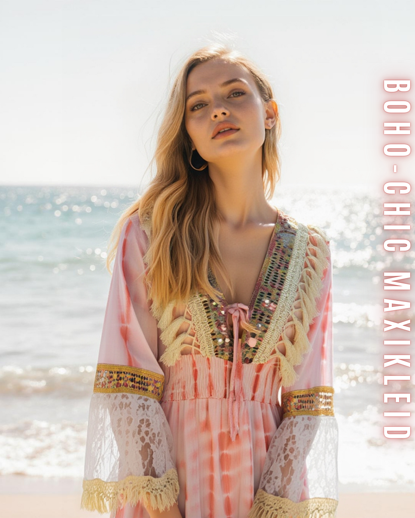 Boho-Chic Maxikleid für Damen mit Spitze & Fransen | 100% Viskose | Perfekt für Sommer und Veranstaltungen.