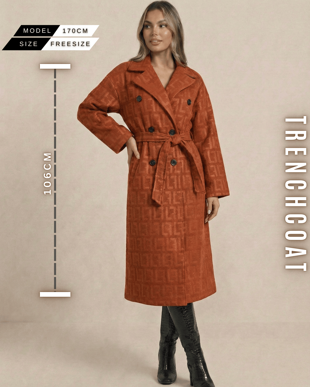 Ganzkörperansicht des rostfarbenen Trenchcoats mit Maßen (106 cm Länge) und Model-Info (170 cm).