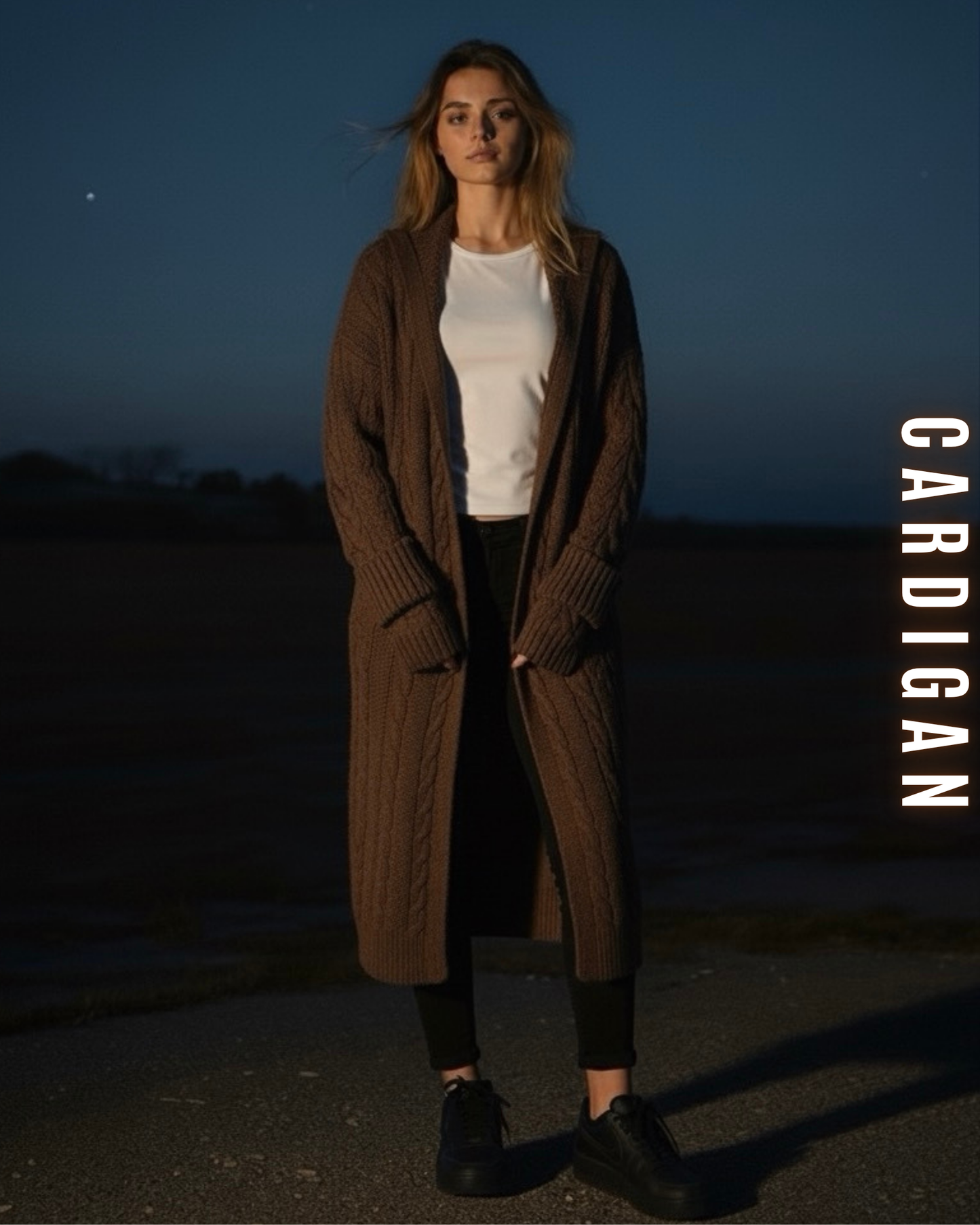 Langer Zopfstrick Cardigan mit Kapuze