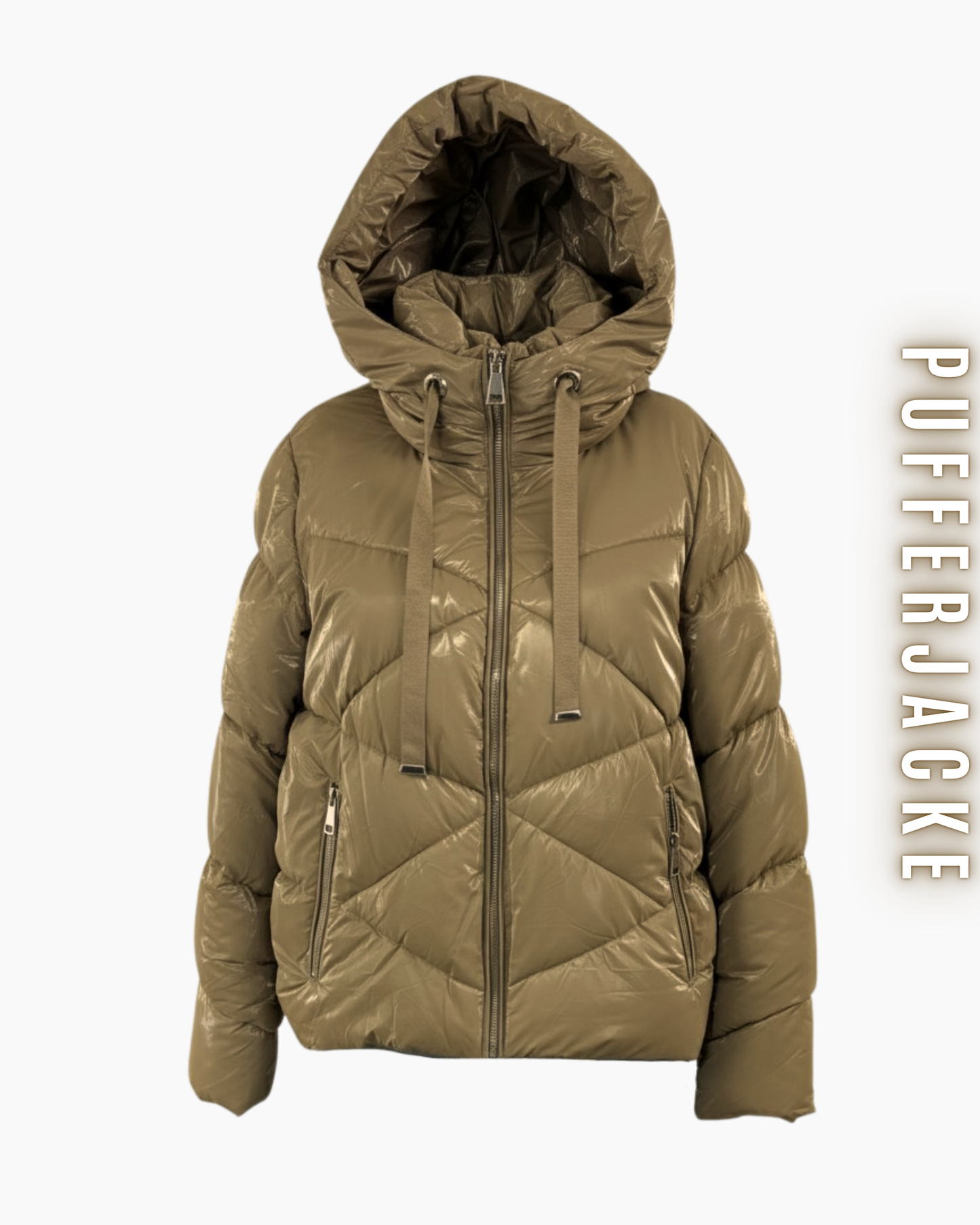 Freigestellte taupe Glanz-Pufferjacke mit Kapuze und langen Zipper-Bändern