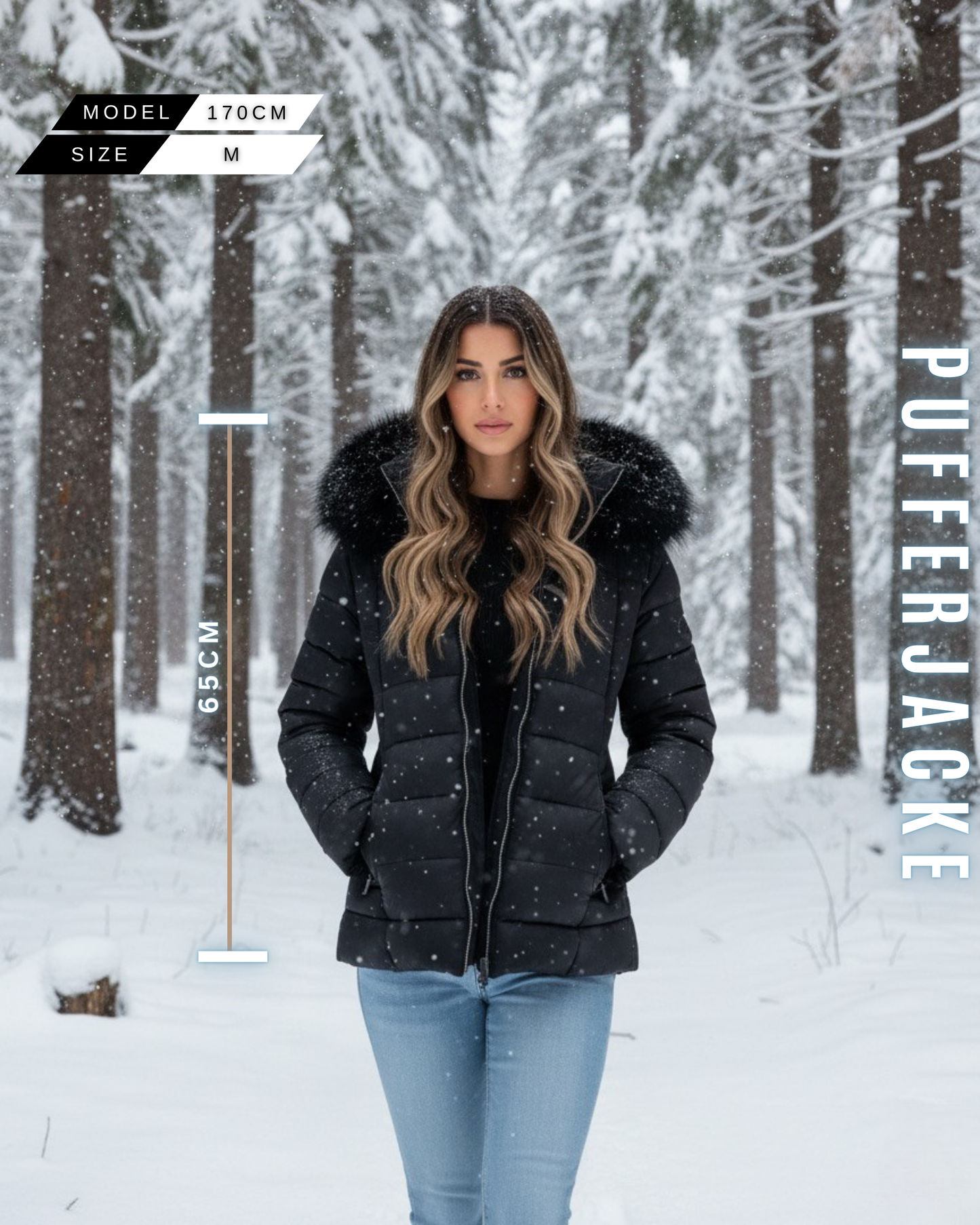 Kurze Damen Pufferjacke in Schwarz mit schwarzem Kunstfell-Kragen, Model 170cm, Jackenlänge 65cm