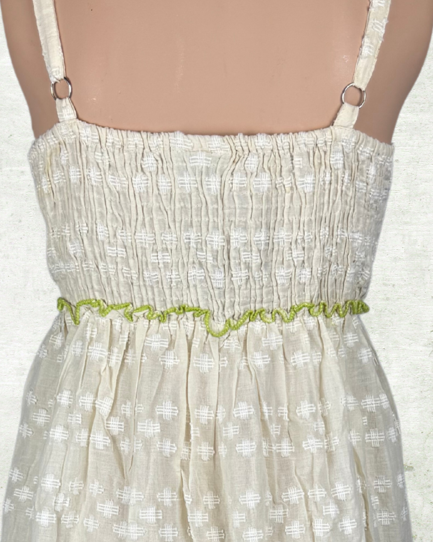 Boho-Maxi-Kleid mit Perlen und Spiegel| Weiß-Grün/Babyblau/Brown | Baumwolle | Ideal für Sommer, Strand & Festival