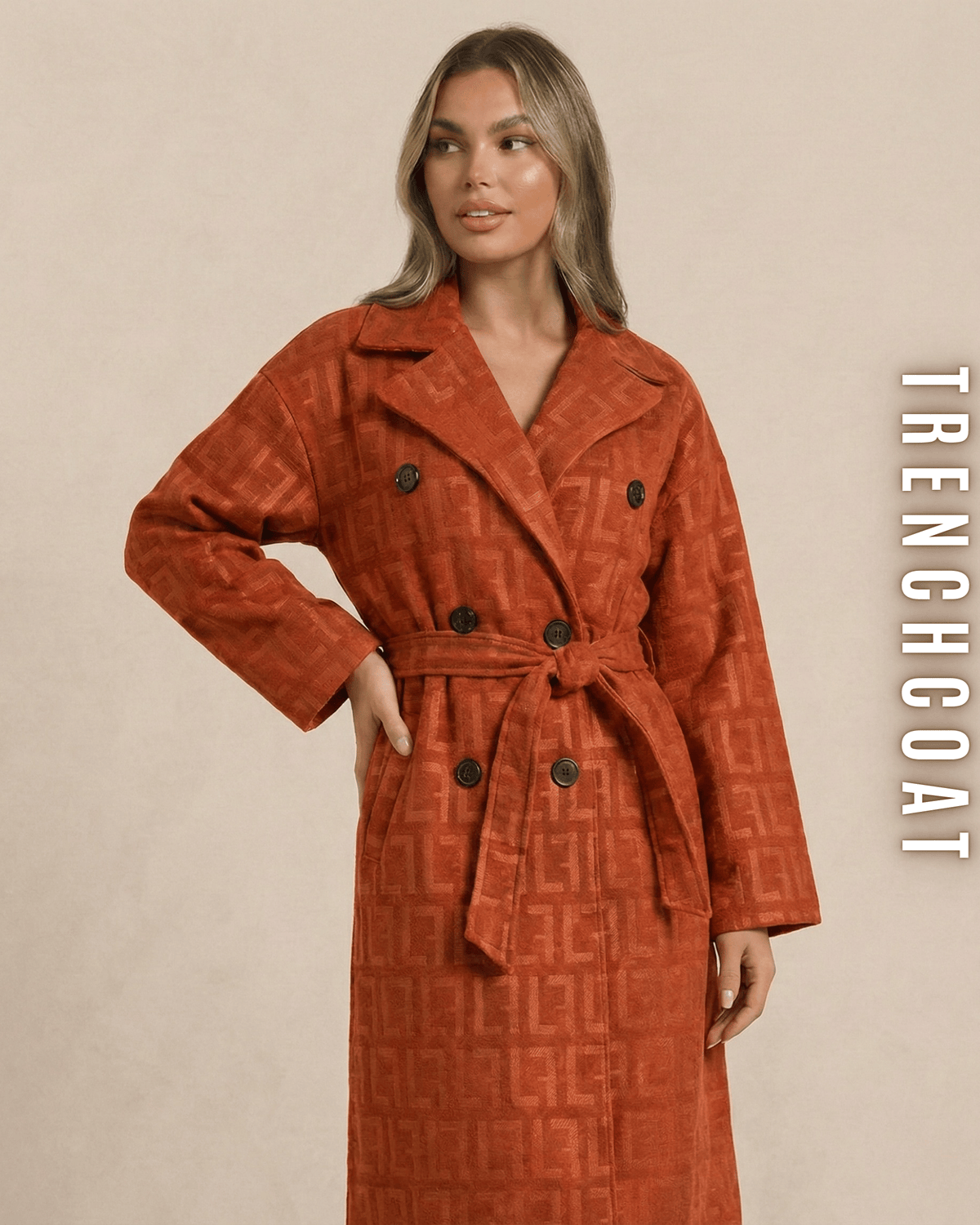 Frontansicht einer Dame in einem Orangen Monogramm Trenchcoat mit Taillengürtel.