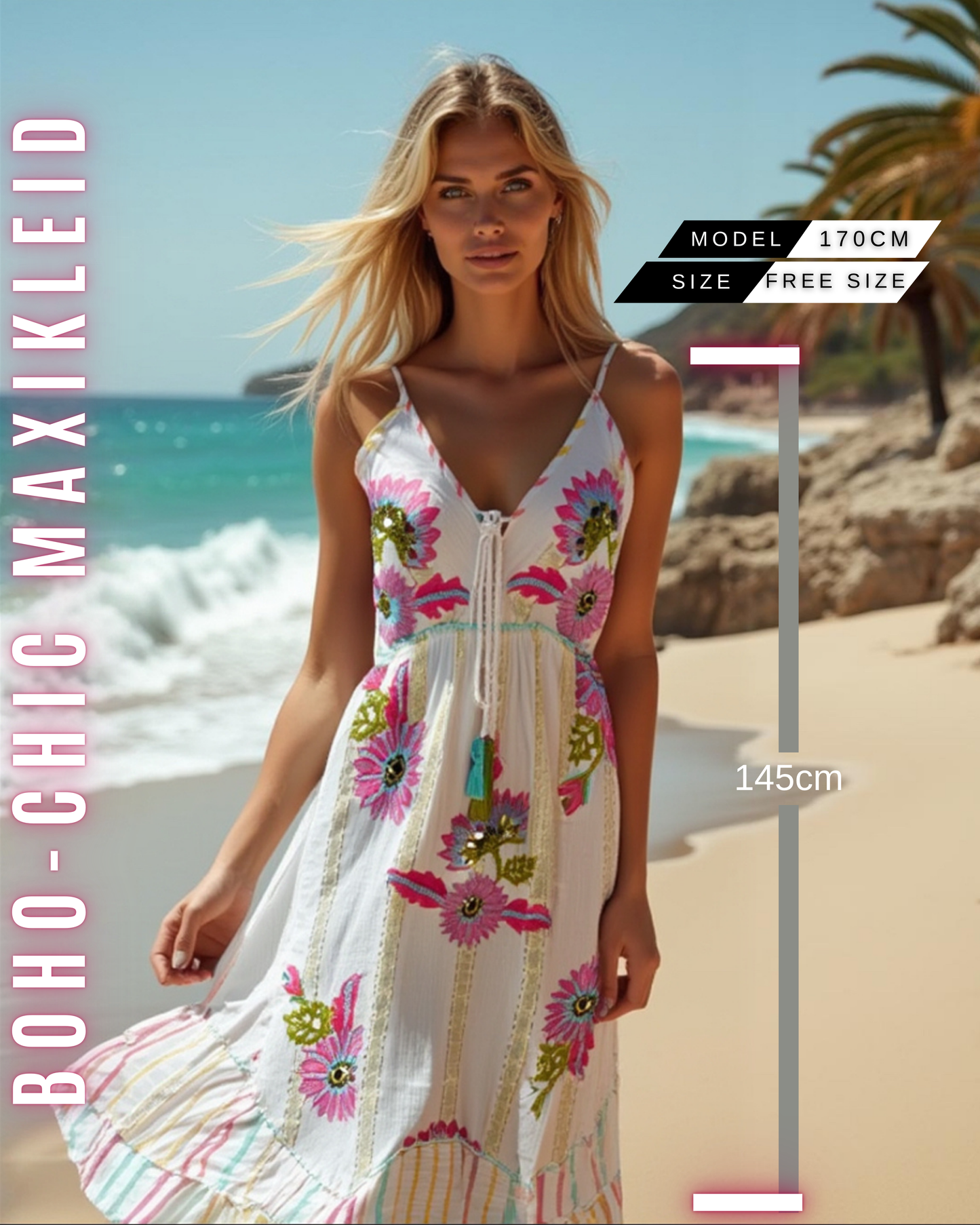 Boho-Chic Maxikleid – Ärmellos & Blumenmuster| Orange-Rosa | Viskose | Ideal für Sommer, Strand & Festival