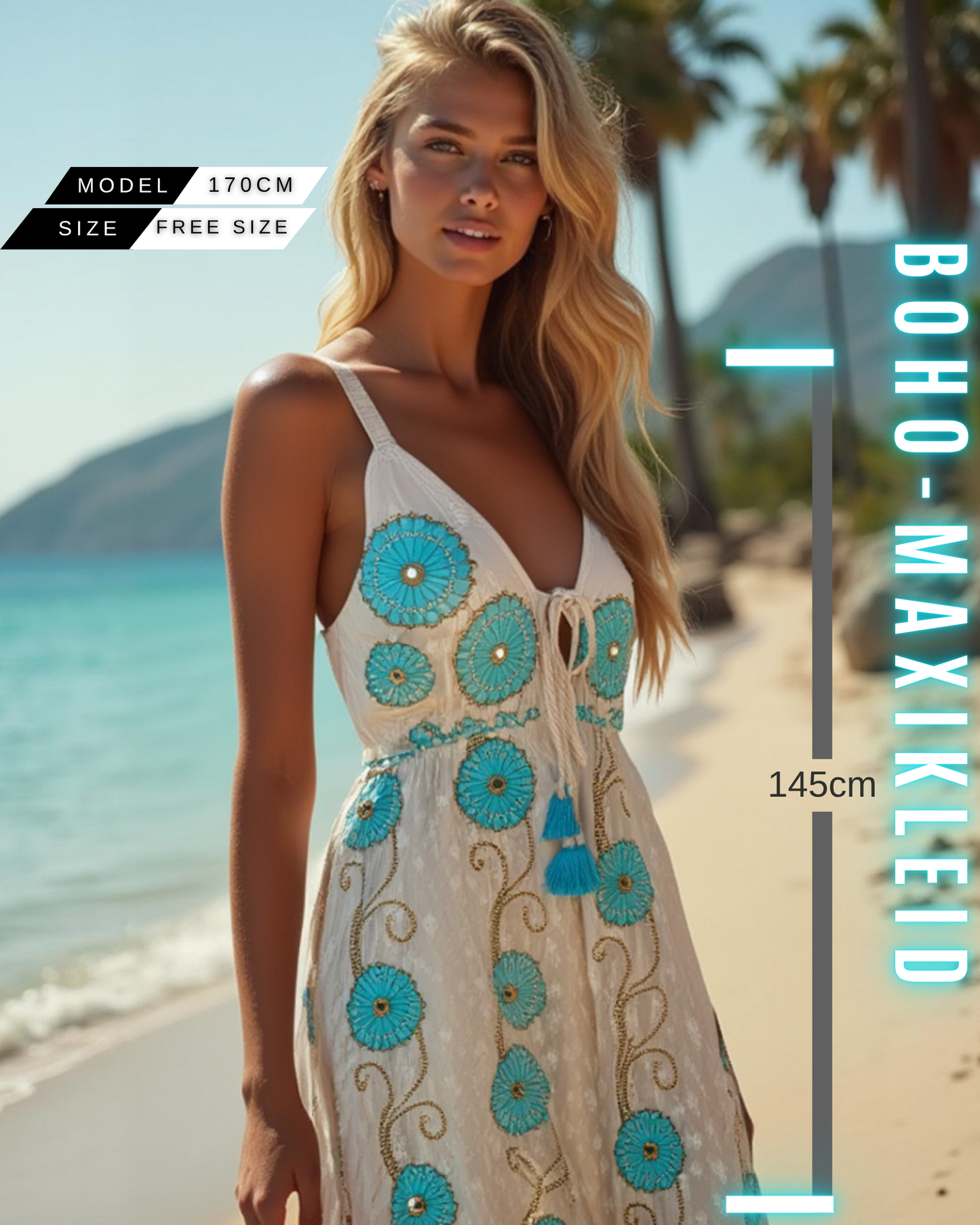 Boho-Maxi-Kleid mit Perlen und Spiegel| Weiß-Grün/Babyblau/Brown | Baumwolle | Ideal für Sommer, Strand & Festival