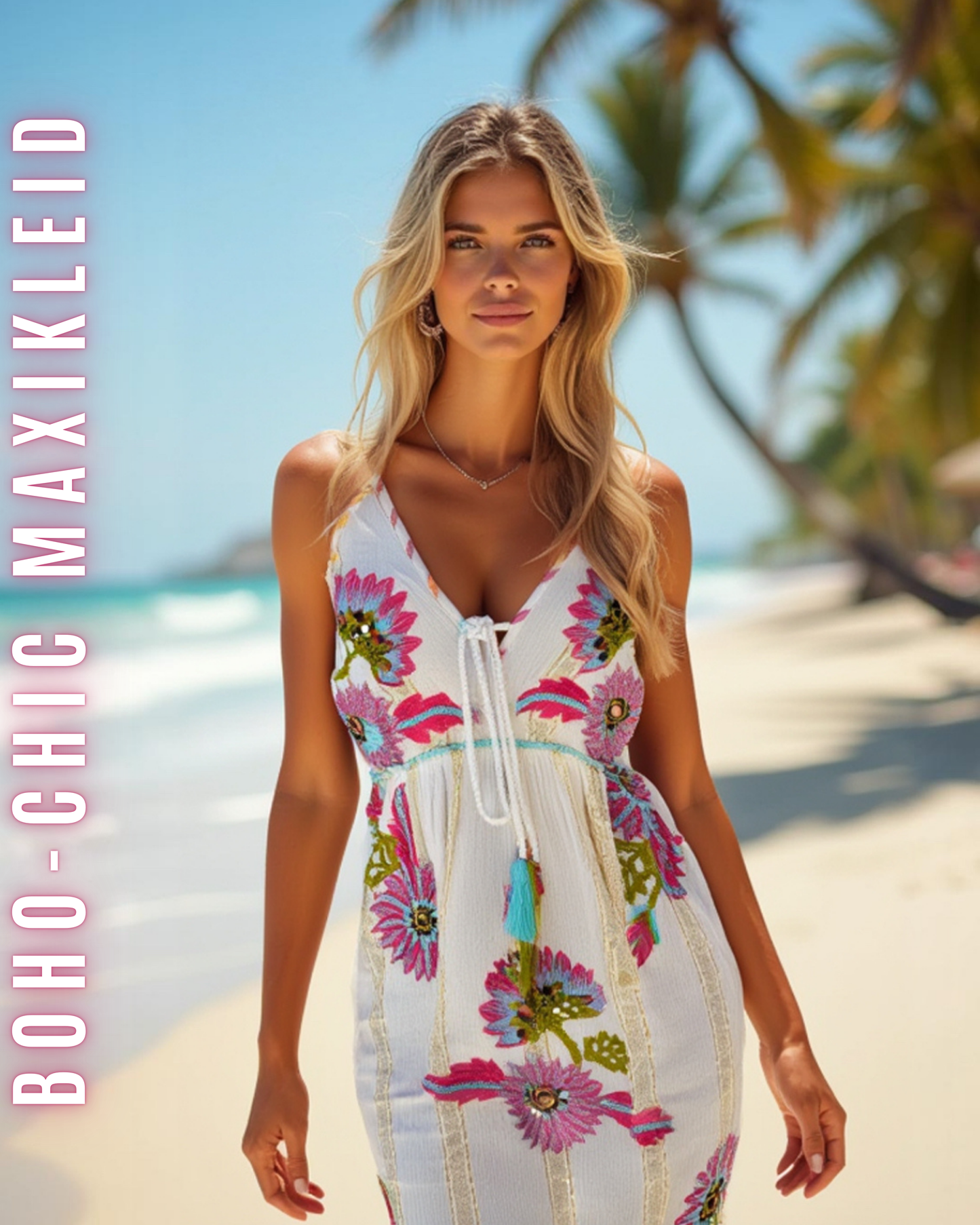 Boho-Chic Maxikleid – Ärmellos & Blumenmuster| Orange-Rosa | Viskose | Ideal für Sommer, Strand & Festival