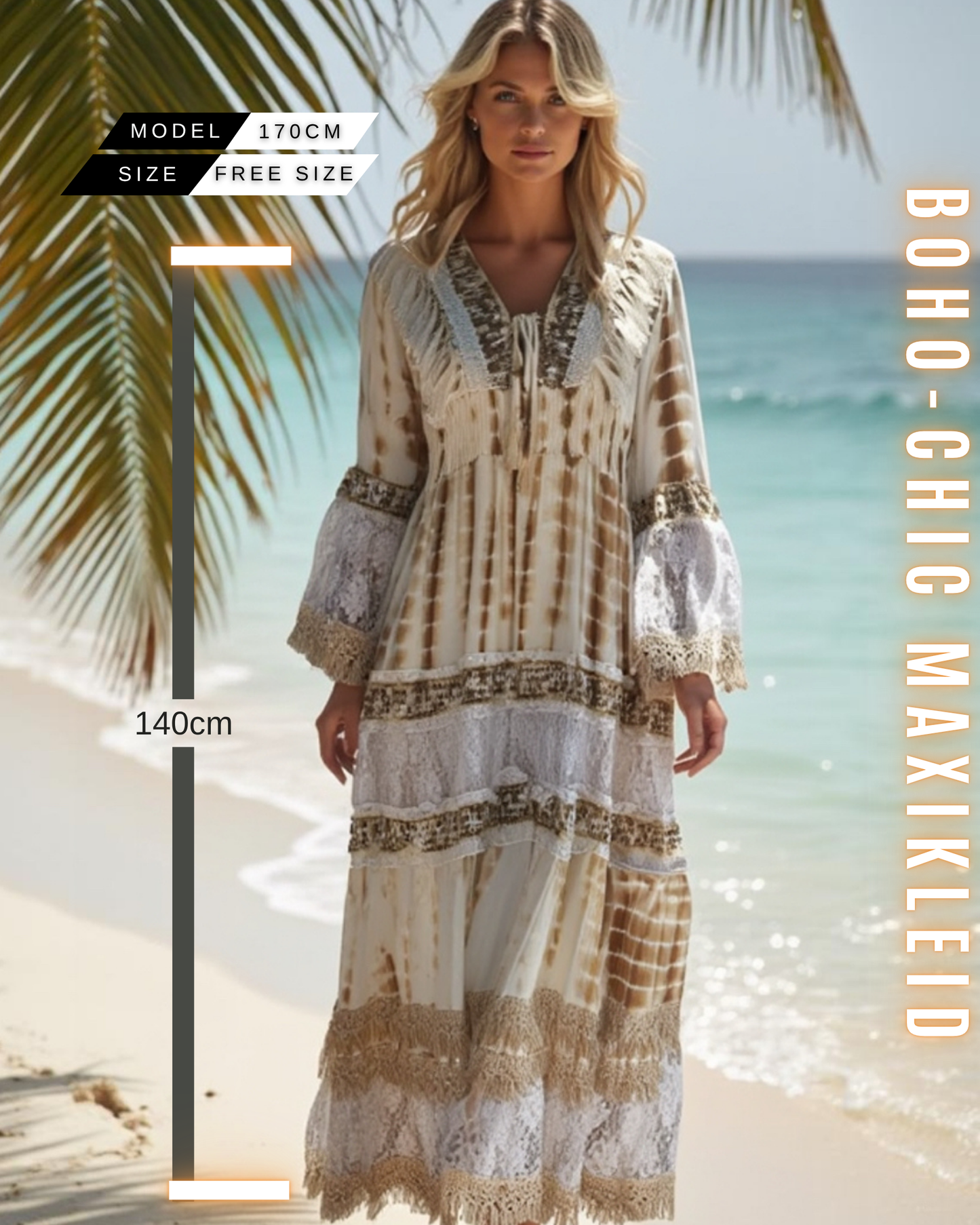 Boho-Chic Maxikleid für Damen mit Spitze & Fransen | 100% Viskose | Perfekt für Sommer und Veranstaltungen.