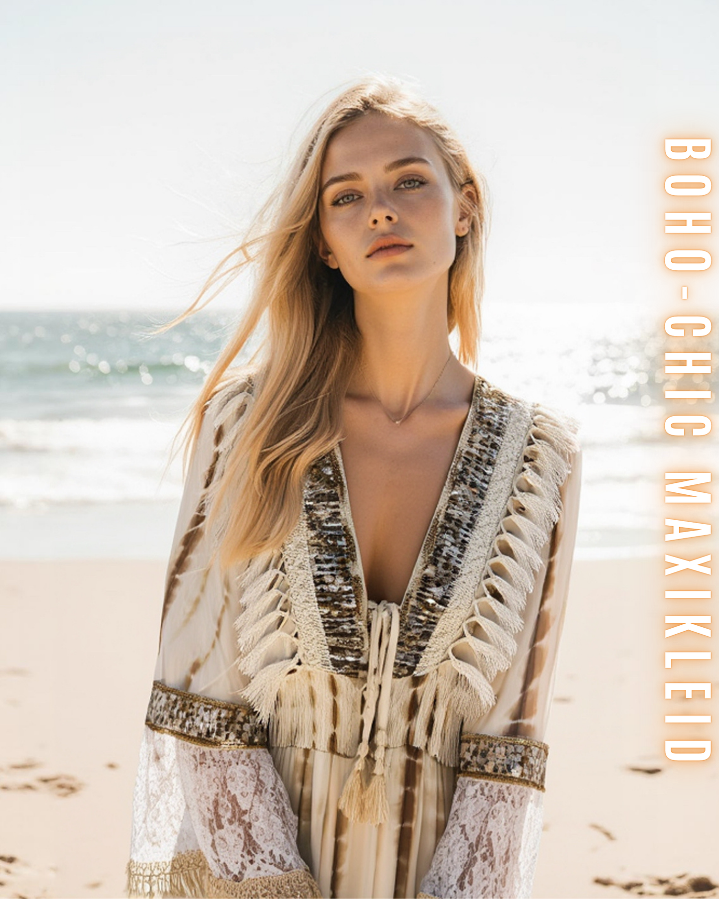 Boho-Chic Maxikleid für Damen mit Spitze & Fransen | 100% Viskose | Perfekt für Sommer und Veranstaltungen.