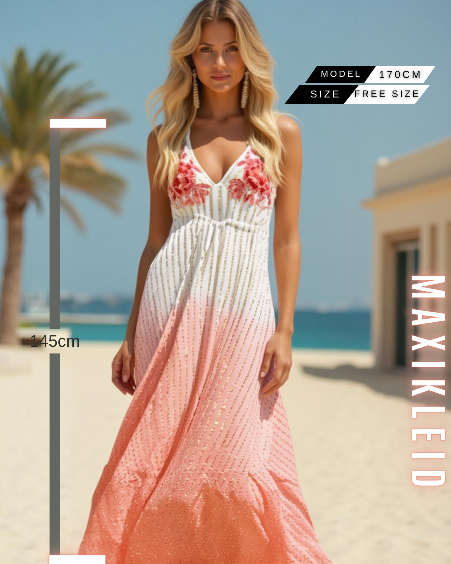 Maxikleid Sommer mit Paillettenstickerei – Sommerlich & Elegant | 100% Viskose | Einheitsgröße Gr. 38 bis 44 (DE)