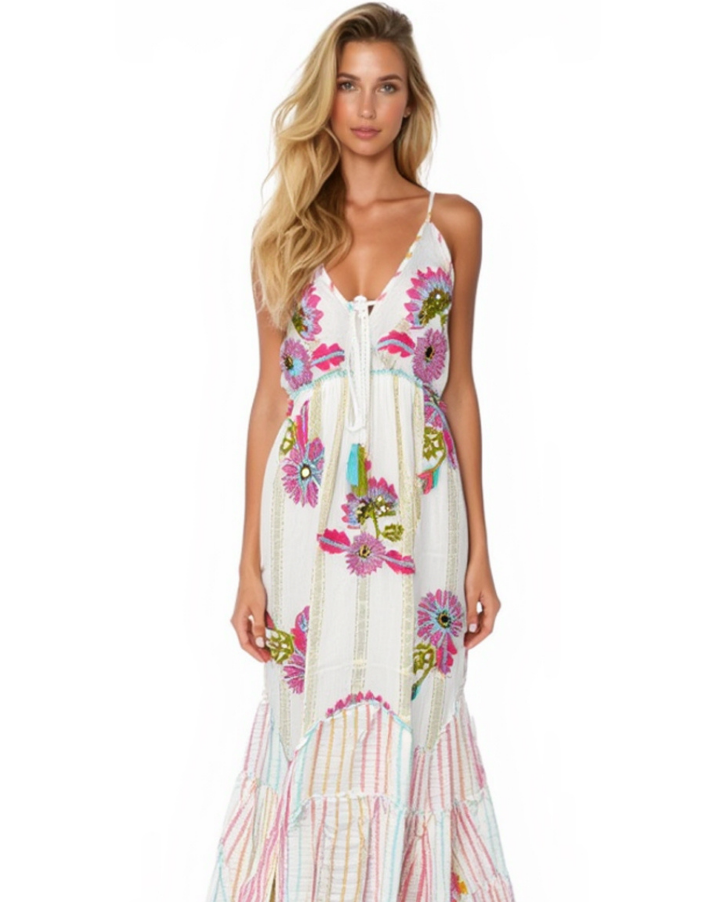 Boho-Chic Maxikleid – Ärmellos & Blumenmuster| Orange-Rosa | Viskose | Ideal für Sommer, Strand & Festival